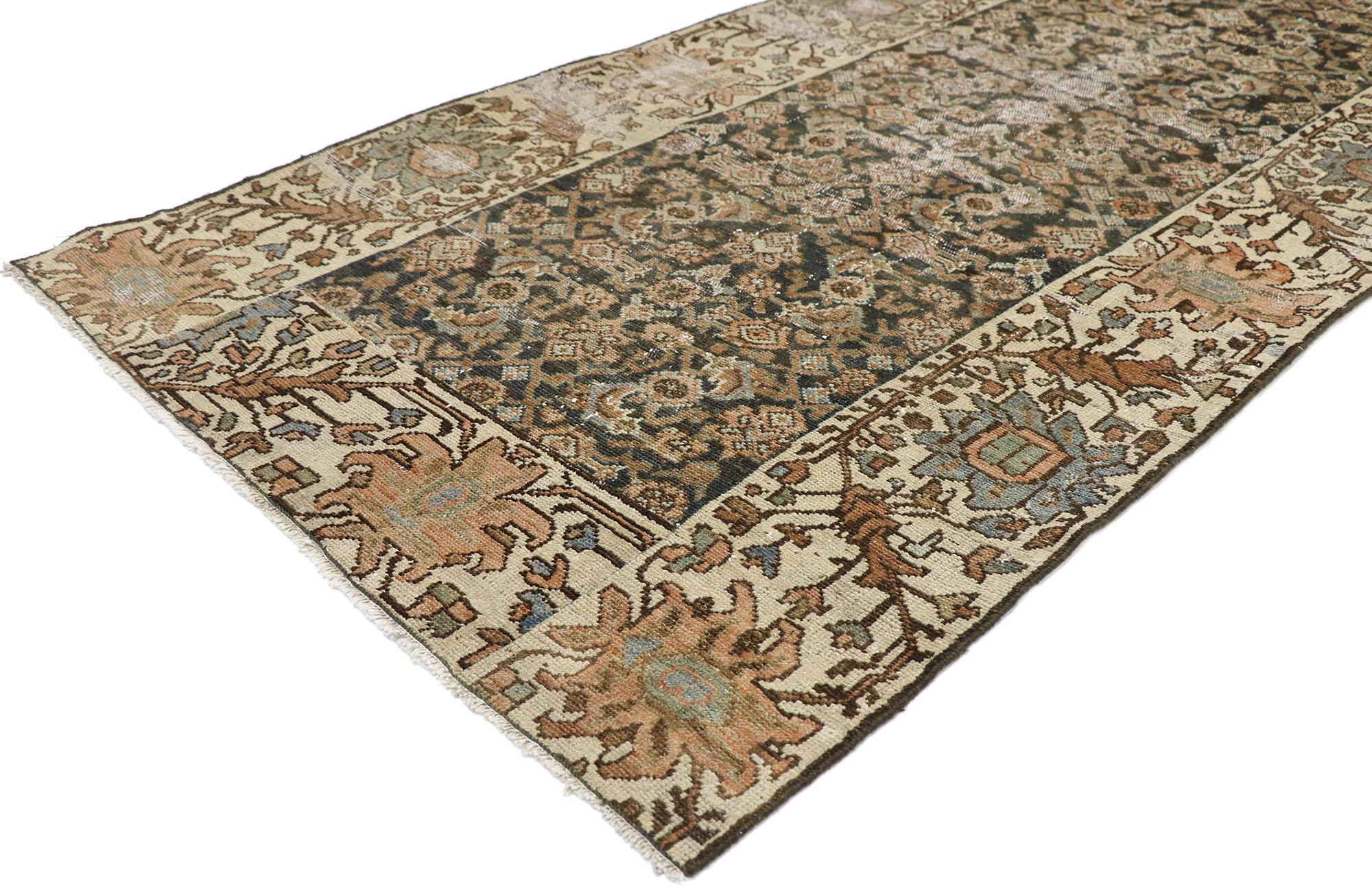 60826 Distressed antique Persian Malayer runner with Modern Rustic Shaker style. Warm and inviting with a timeless design, this hand-knotted wool distressed antique Persian Malayer carpet runner features an all-over Herati pattern spread across the