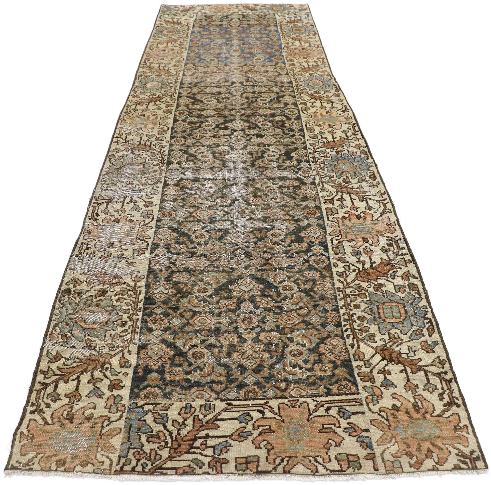 Hand-Knotted Distressed Antique Persian Malayer Runner with Modern Rustic Shaker Style For Sale