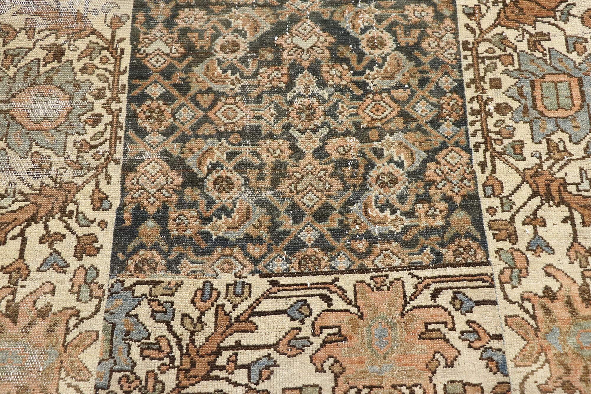 Distressed Antique Persian Malayer Runner with Modern Rustic Shaker Style In Distressed Condition For Sale In Dallas, TX