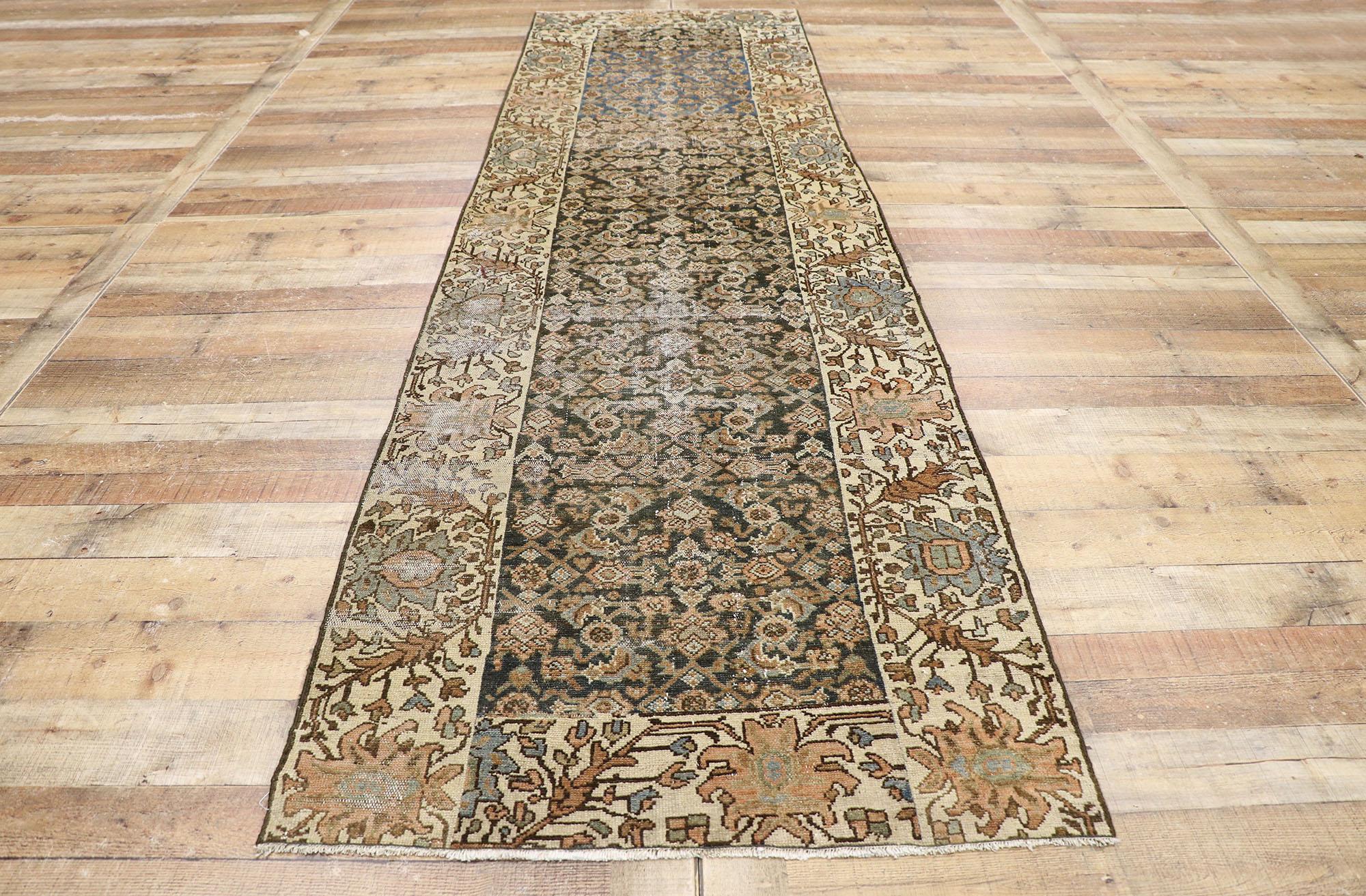 Distressed Antique Persian Malayer Runner with Modern Rustic Shaker Style For Sale 1