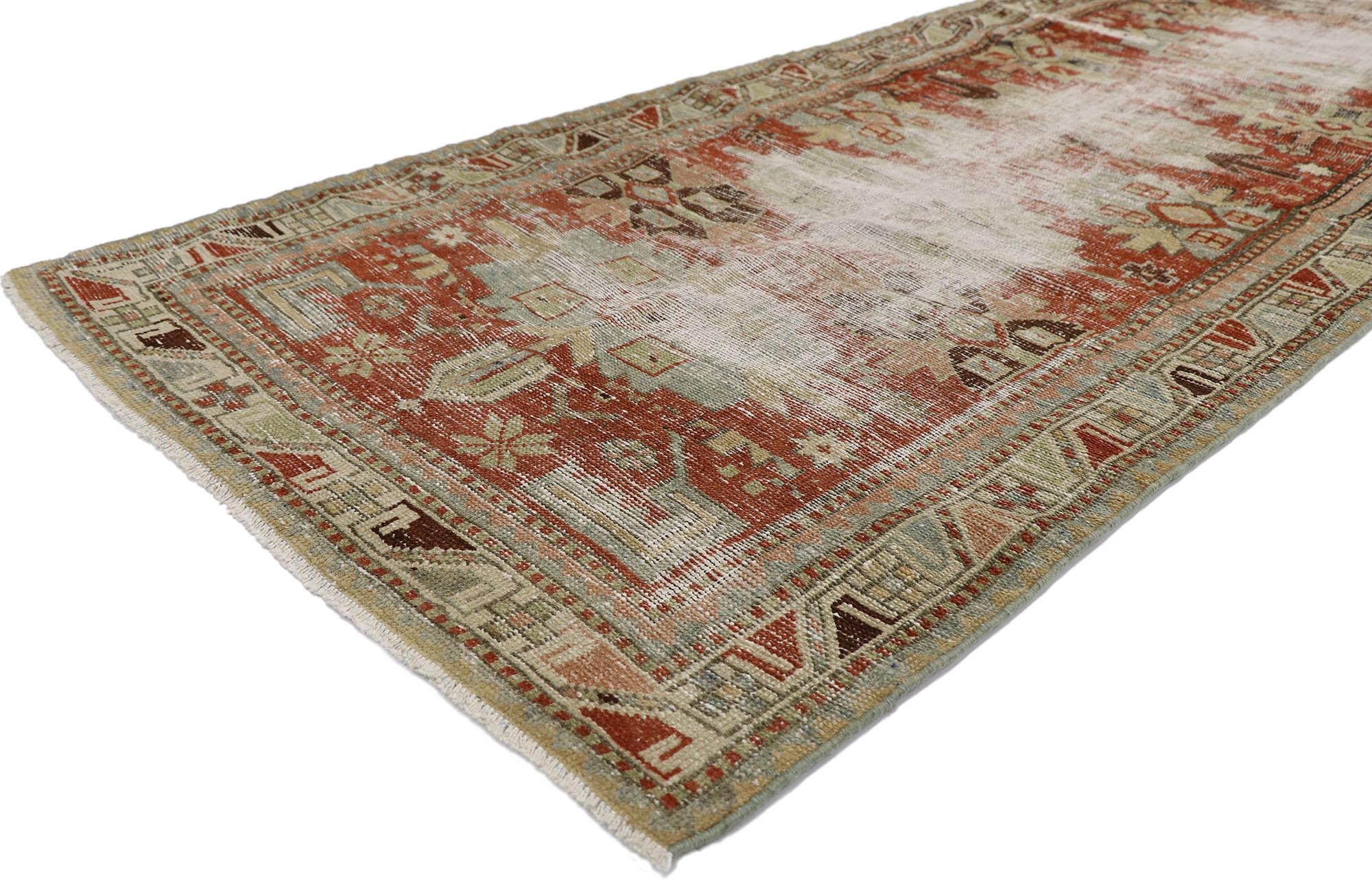 60939 Distressed antique Persian Malayer runner with Modern Rustic style 03'04 x 10'07. Cleverly composed and poised to impress with its rustic sensibility, this hand knotted wool distressed antique Persian Malayer runner will take on a curated