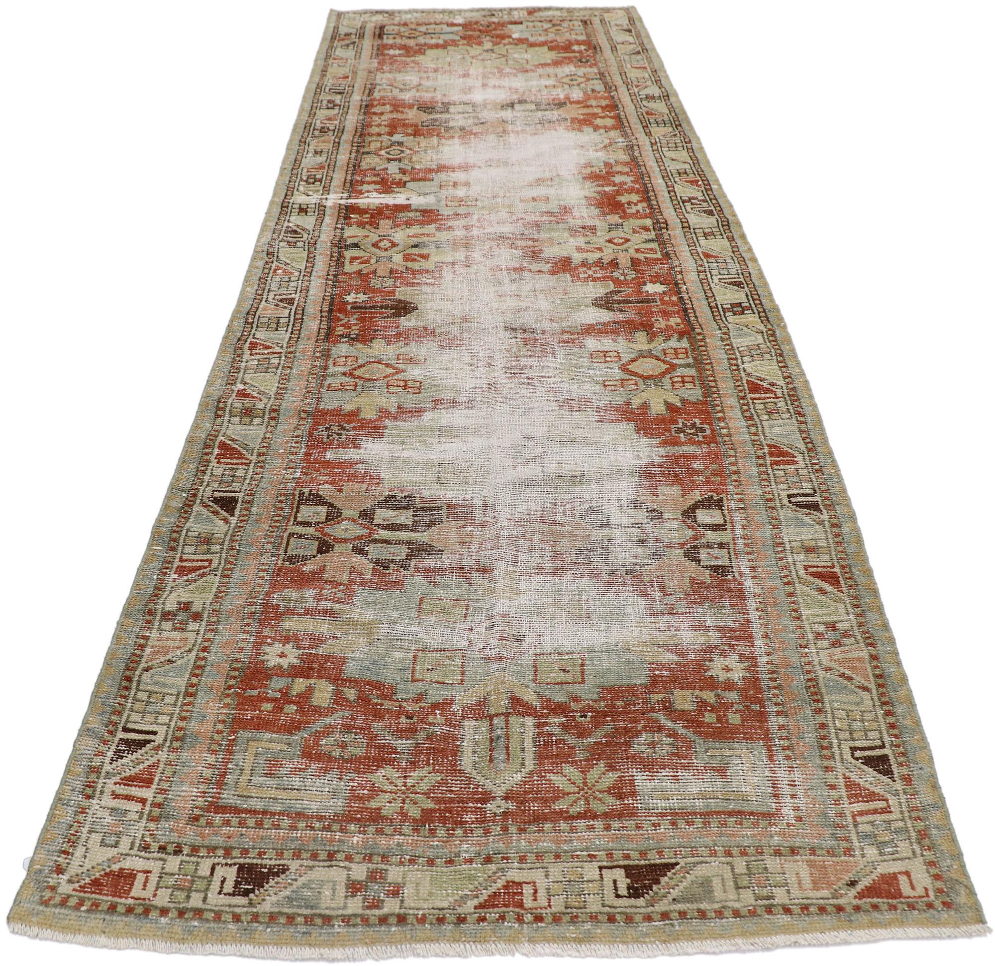 Hand-Knotted Distressed Antique Persian Malayer Runner with Modern Rustic Style For Sale