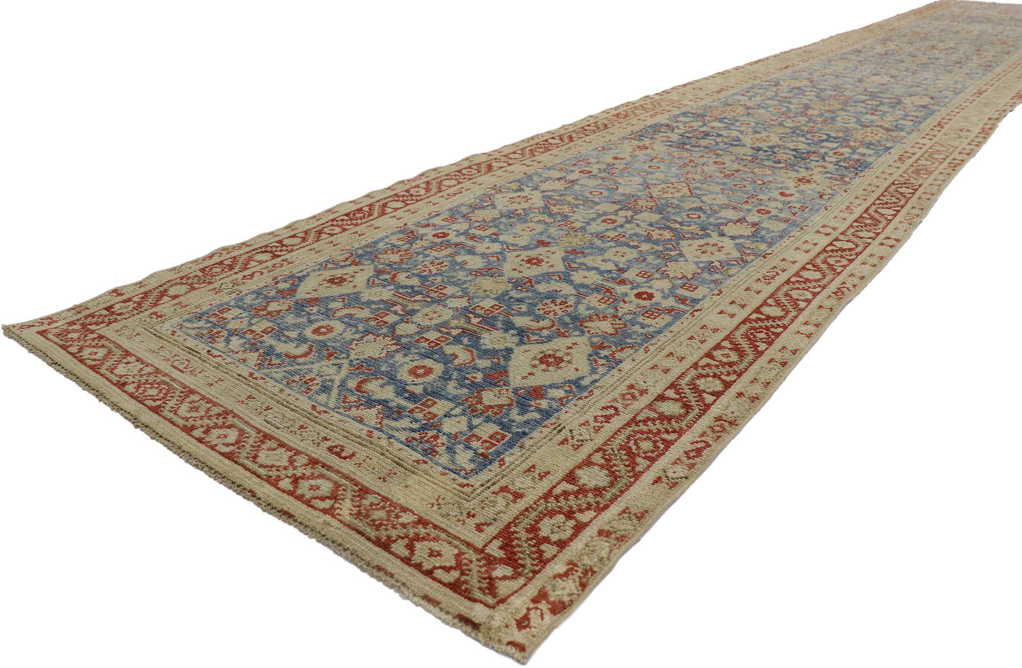 53661 Distressed Antique Persian Malayer runner with Relaxed Federal Style 03'02 x 19'00. Effortless beauty combined with timeless appeal and architectural design elements, this hand knotted wool distressed antique Persian Malayer runner can