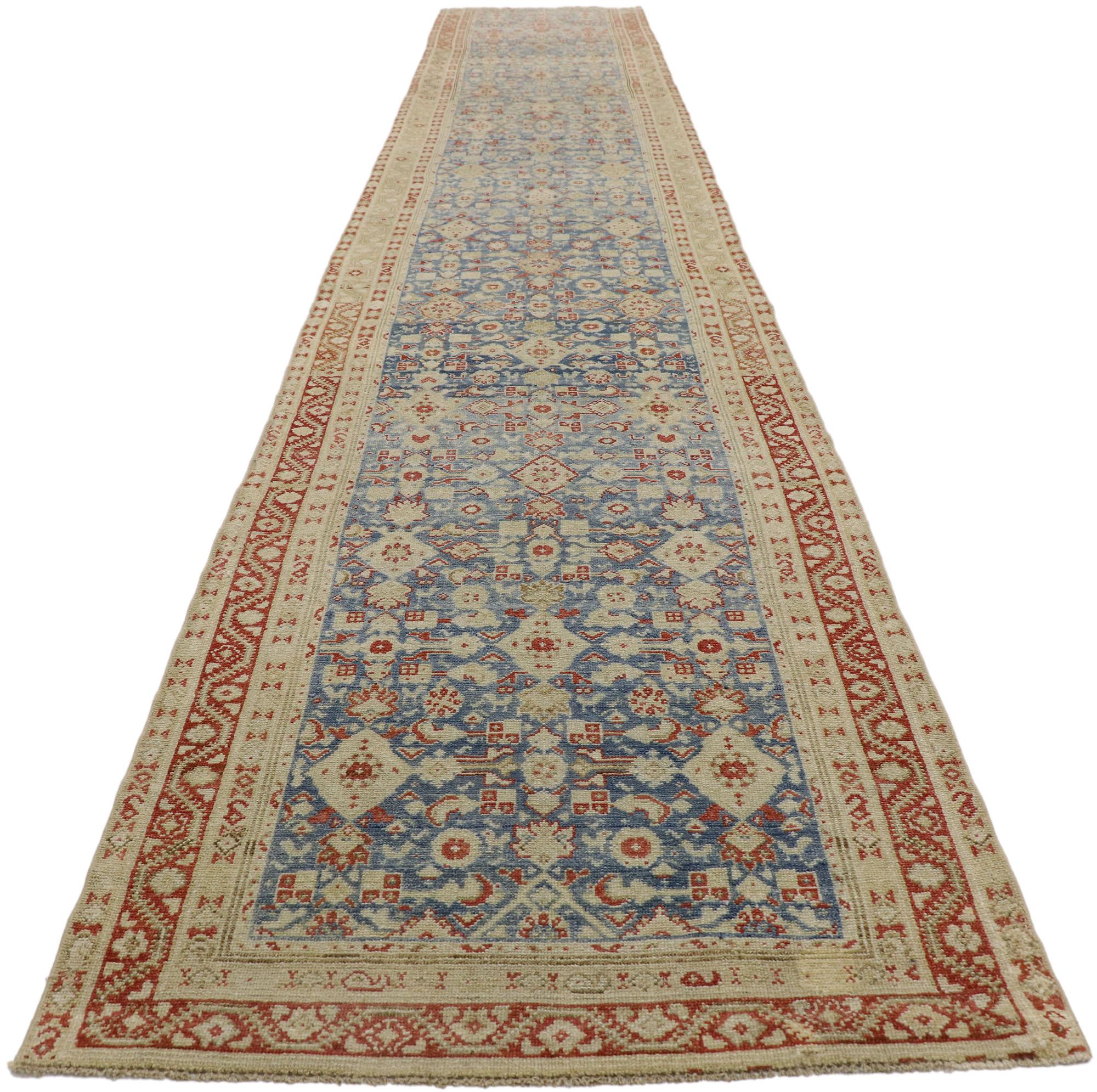 Hand-Knotted Distressed Antique Persian Malayer Runner with Relaxed Federal Style For Sale