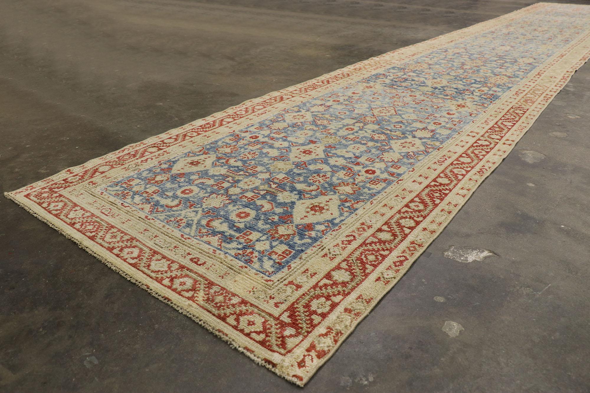 Wool Distressed Antique Persian Malayer Runner with Relaxed Federal Style For Sale