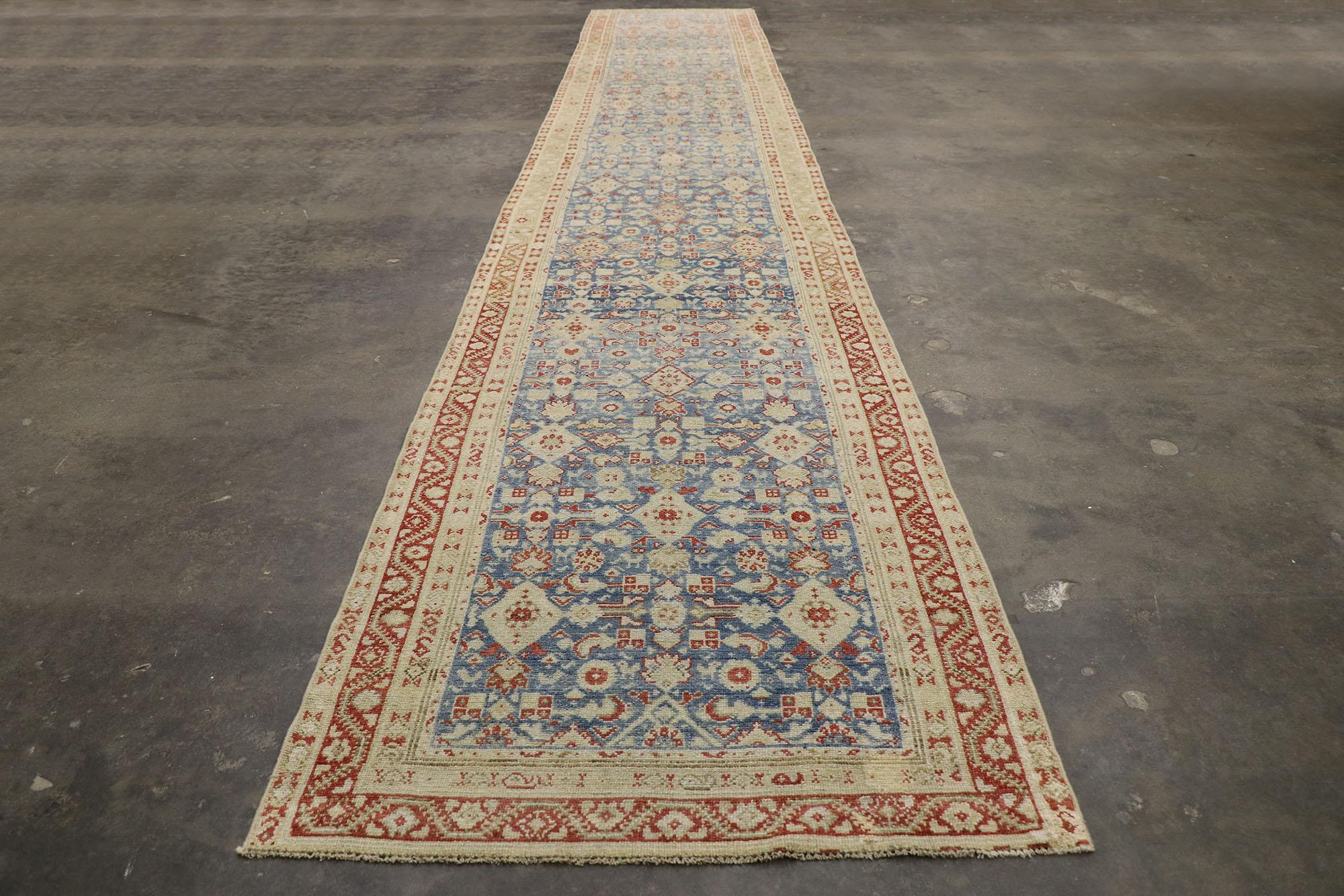 Distressed Antique Persian Malayer Runner with Relaxed Federal Style For Sale 1