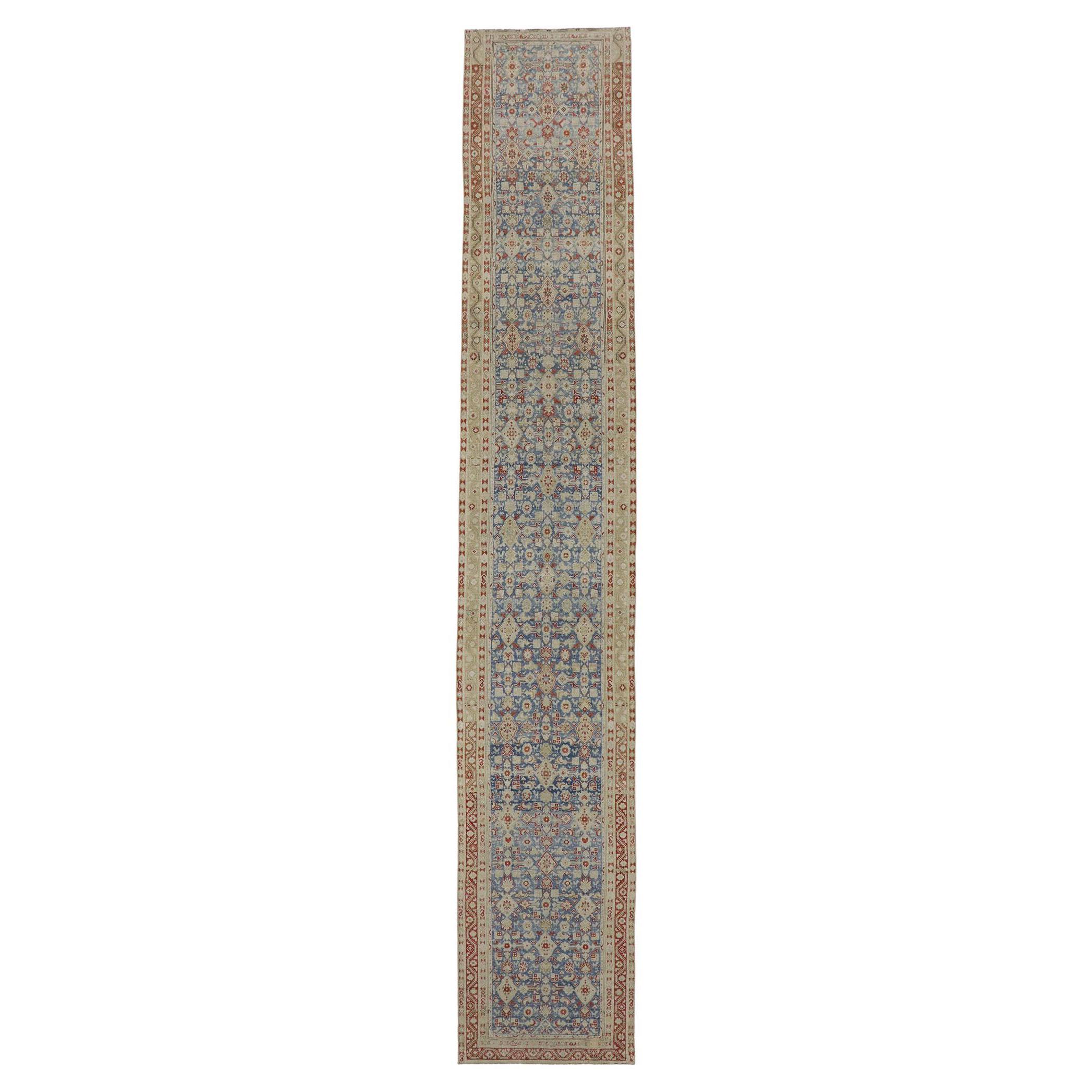 Distressed Antique Persian Malayer Runner with Relaxed Federal Style For Sale