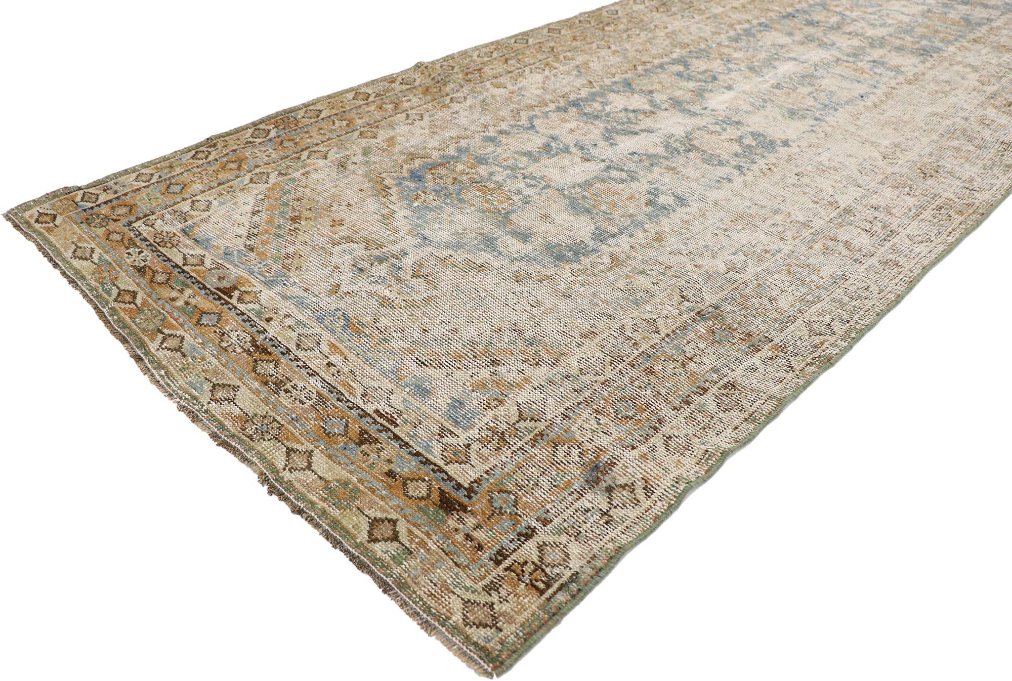 60848, distressed antique Persian Malayer runner with Rustic Gustavian Cottage Style 03'06 x 11'01. Effortless chic with a timeless design and pale subdued colors, this hand knotted wool distressed antique Persian beautifully embodies rustic