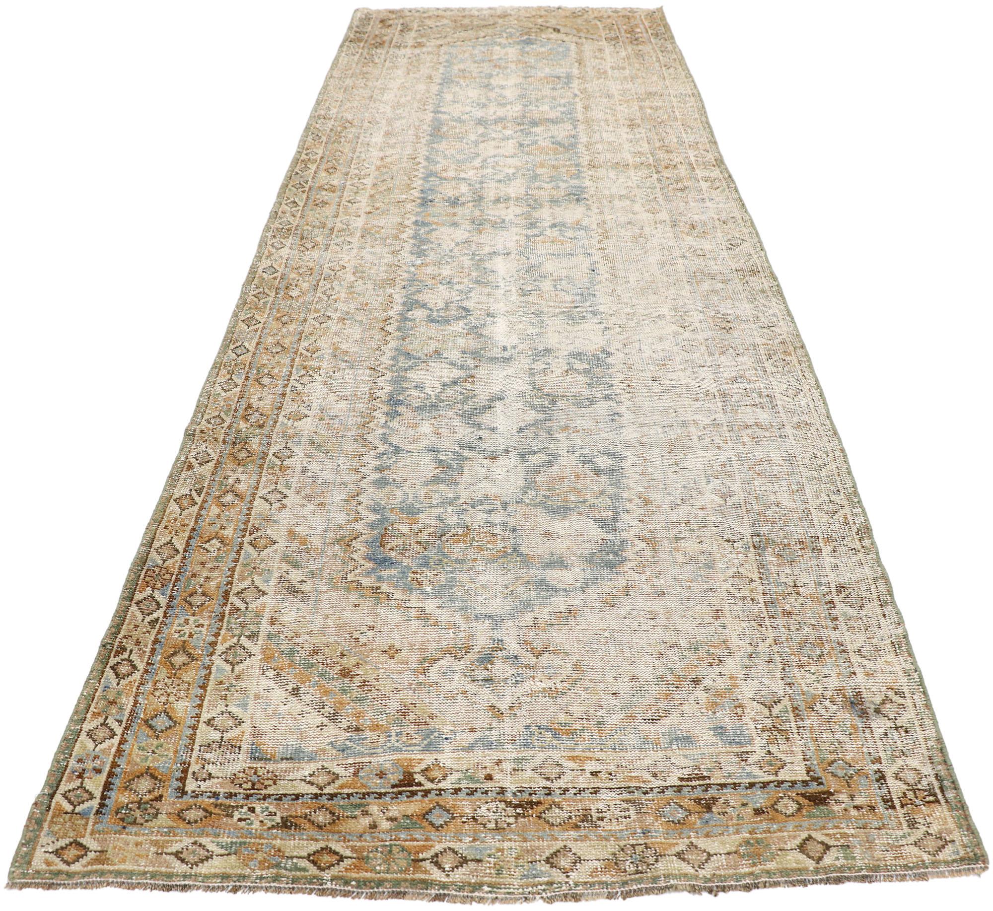 Hand-Knotted Distressed Antique Persian Malayer Runner with Rustic Gustavian Cottage Style For Sale