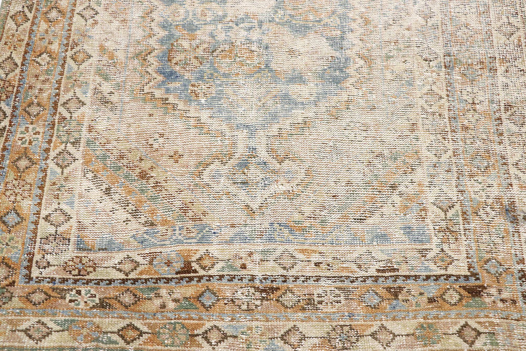 Distressed Antique Persian Malayer Runner with Rustic Gustavian Cottage Style In Distressed Condition For Sale In Dallas, TX