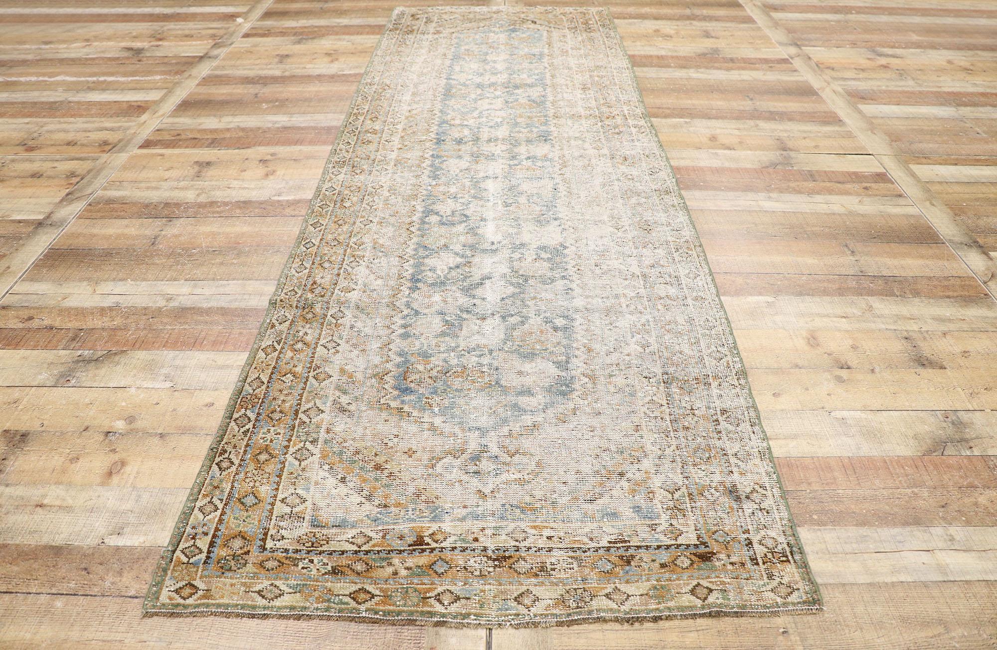 Distressed Antique Persian Malayer Runner with Rustic Gustavian Cottage Style For Sale 1