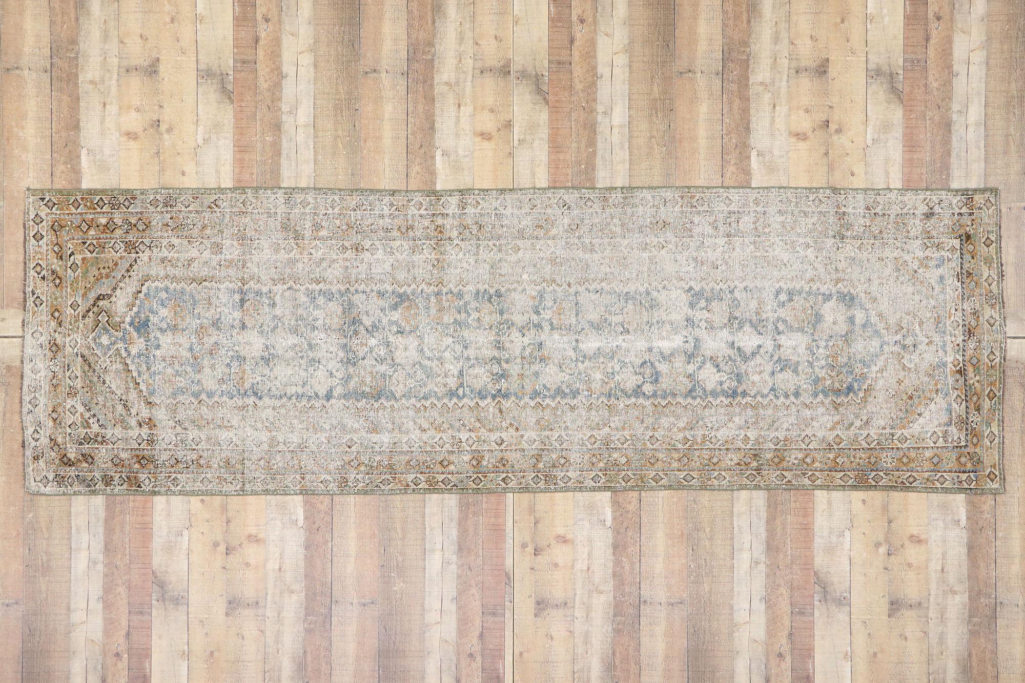 Distressed Antique Persian Malayer Runner with Rustic Gustavian Cottage Style For Sale 2