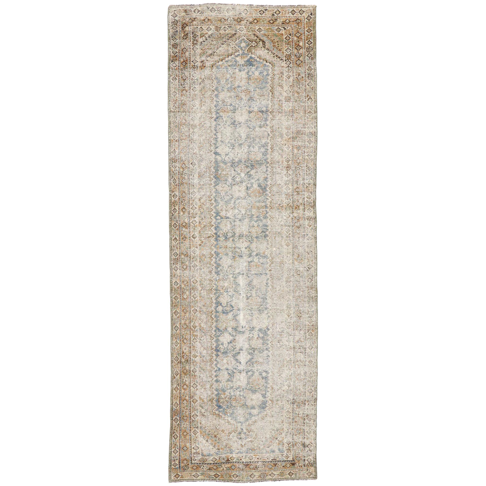 Distressed Antique Persian Malayer Runner with Rustic Gustavian Cottage Style For Sale