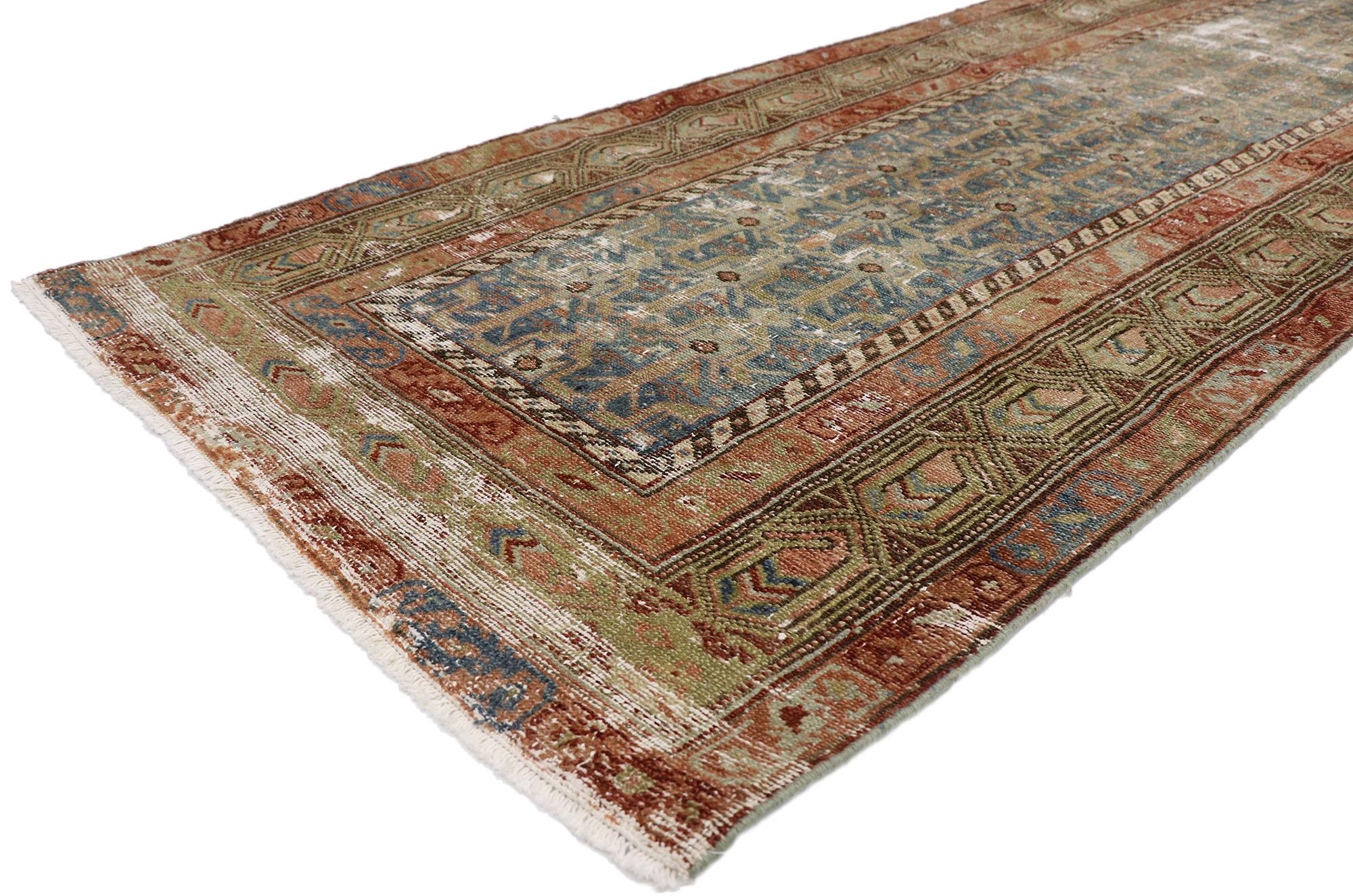 60934 Distressed Antique Persian Malayer Runner with Rustic Style 03'04 x 11'06. Cleverly composed and poised to impress with its rustic sensibility, this hand knotted wool distressed antique Persian Malayer runner will take on a curated lived-in