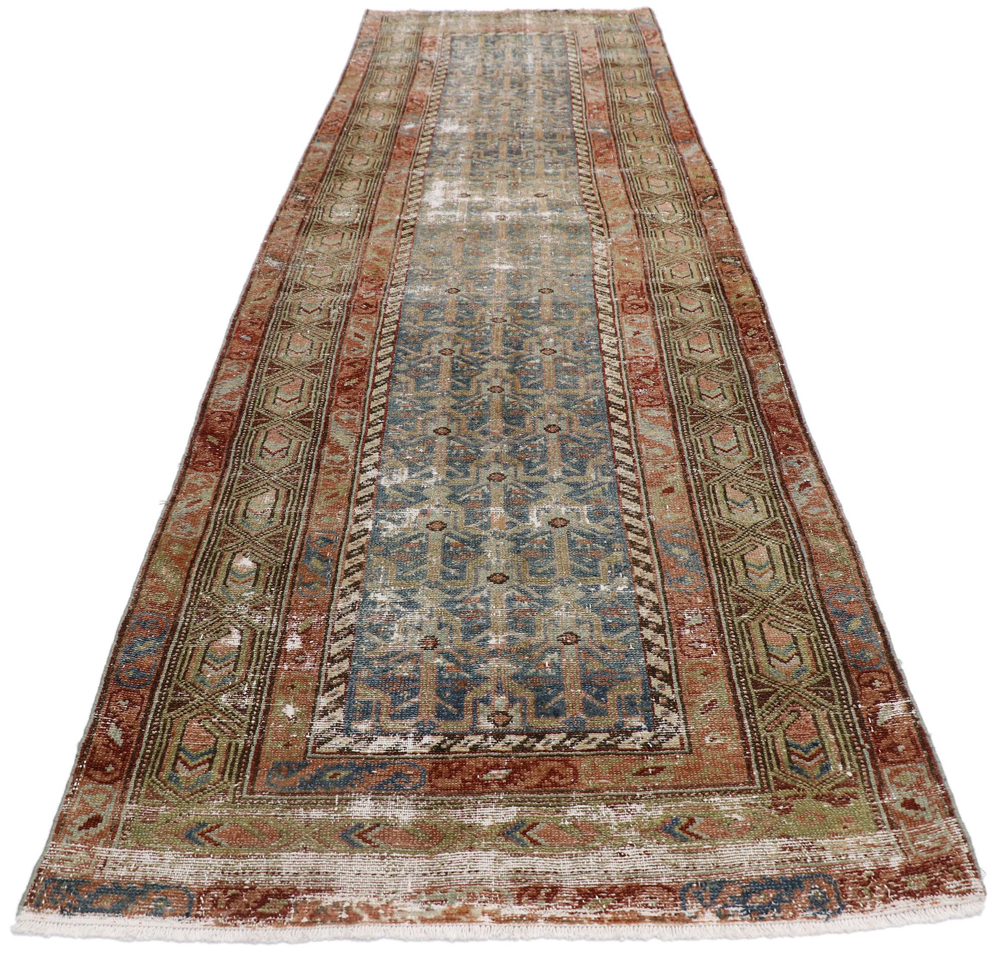 Hand-Knotted Distressed Antique Persian Malayer Runner with Rustic Style For Sale