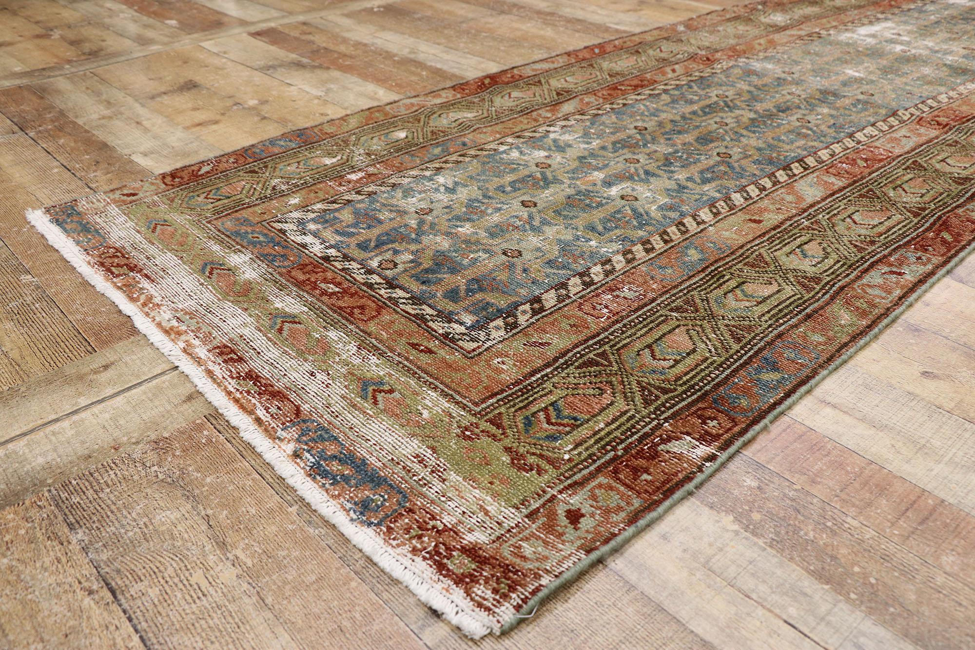 Wool Distressed Antique Persian Malayer Runner with Rustic Style For Sale