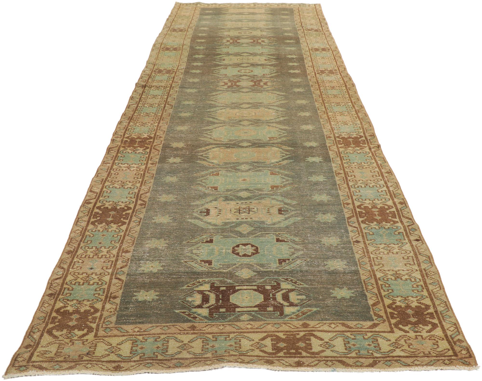 Hand-Knotted Distressed Antique Persian Malayer Runner with Scarab Design For Sale