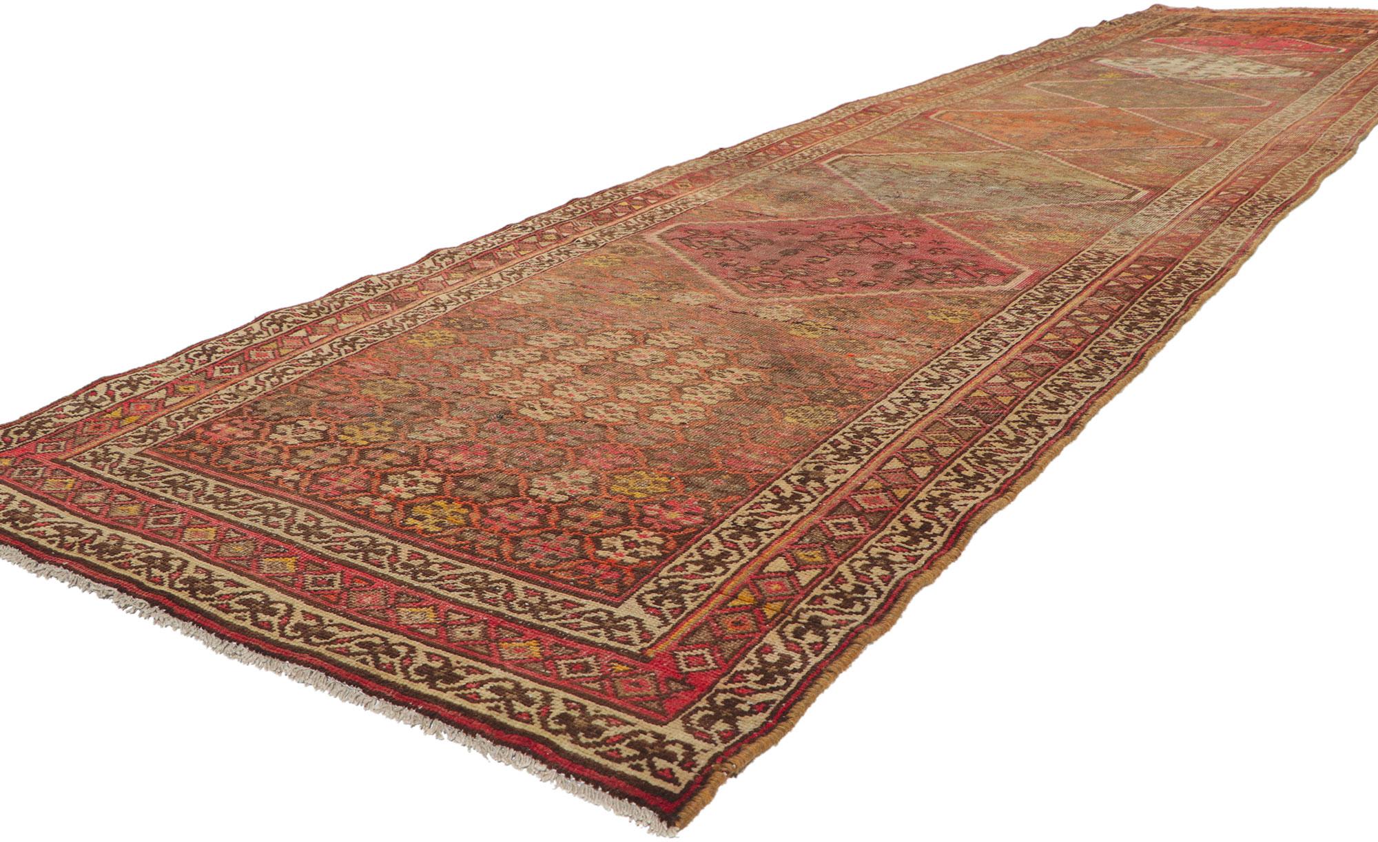 61067 Distressed antique Persian Malayer runner with Tribal style. Measures: 03'08 x 15'06.