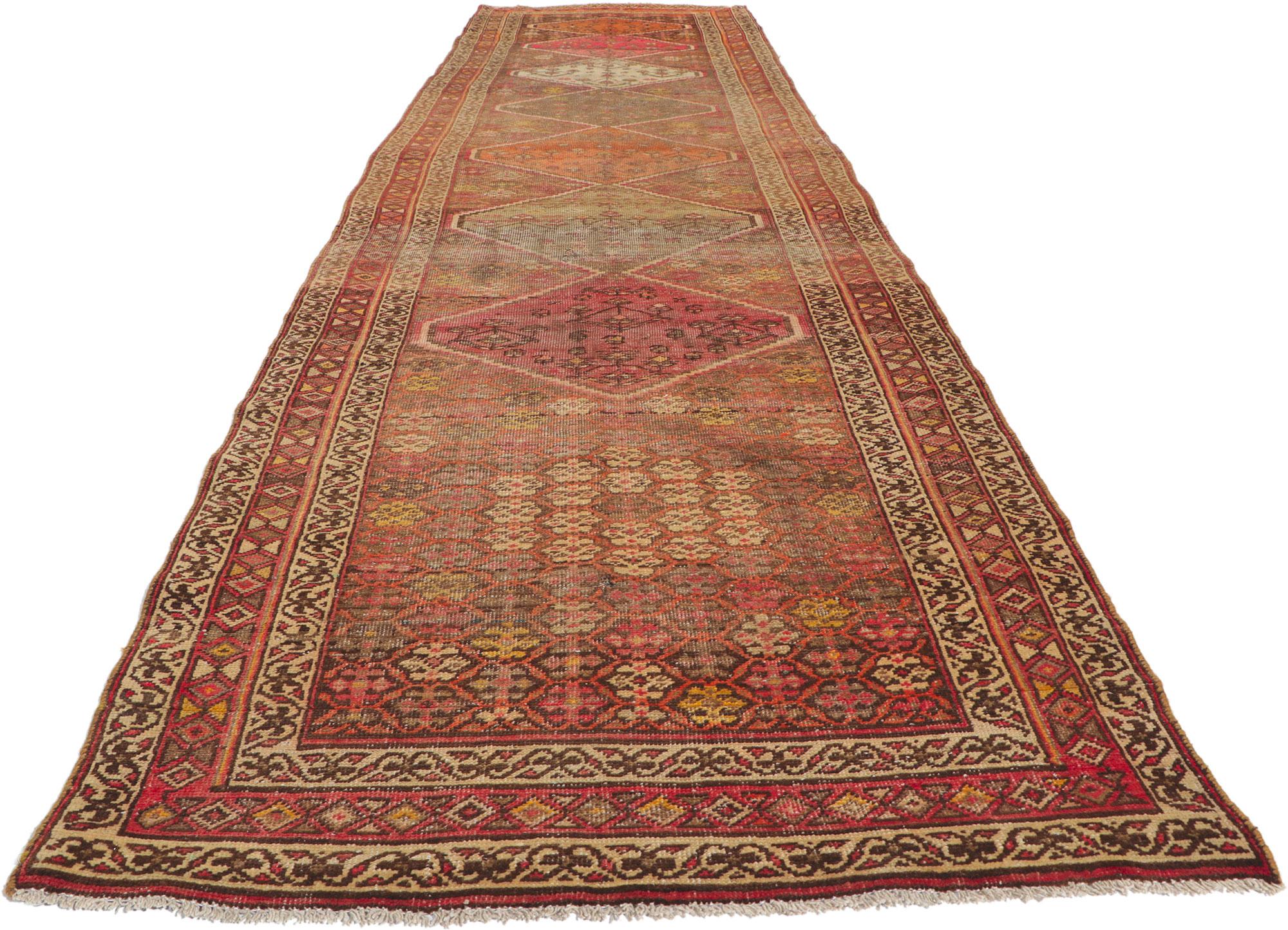 Hand-Knotted Distressed Antique Persian Malayer Runner with Tribal Style For Sale