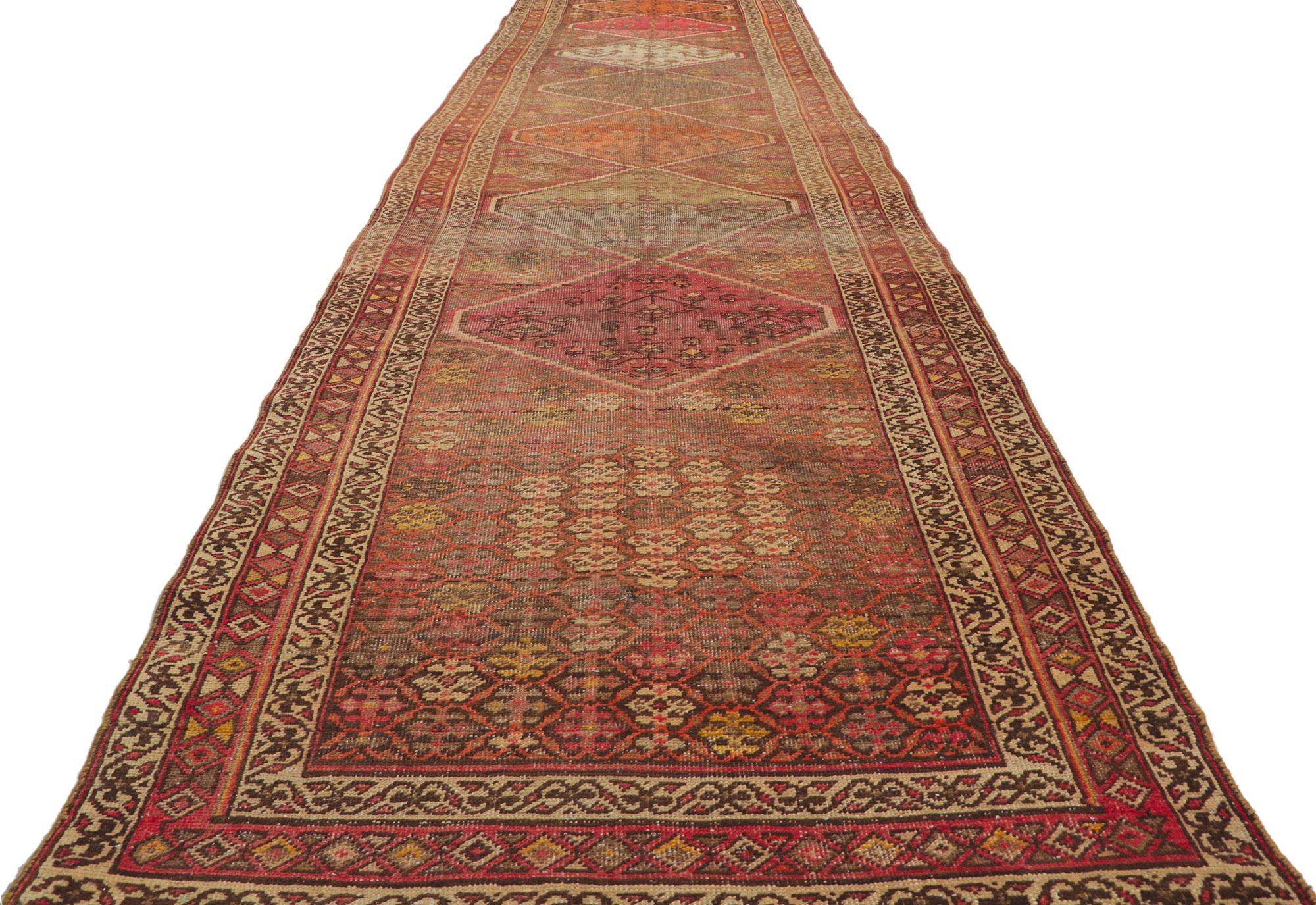 Distressed Antique Persian Malayer Runner with Tribal Style In Distressed Condition For Sale In Dallas, TX