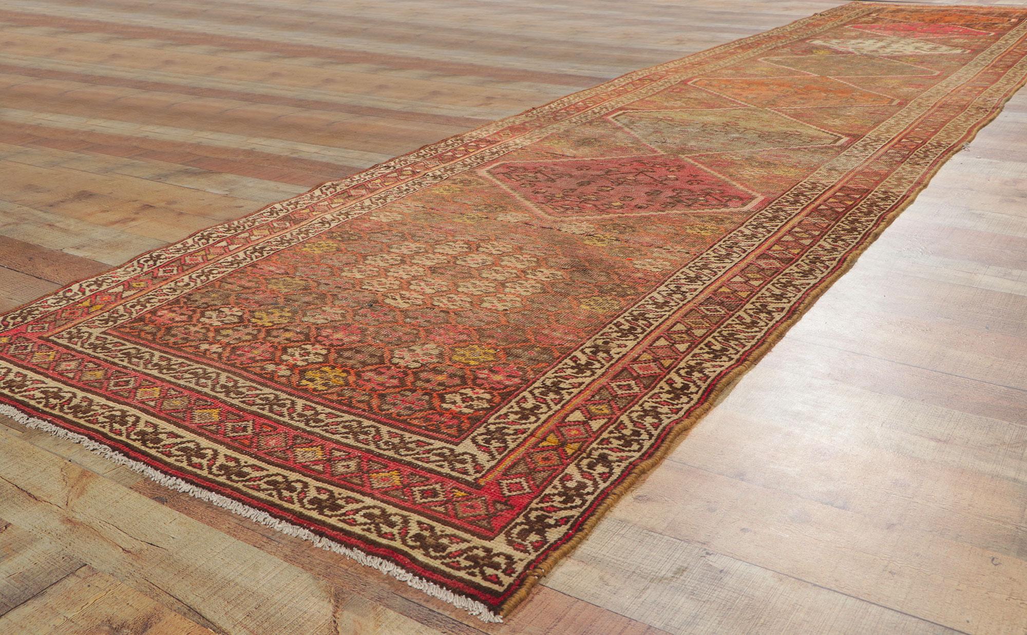 Wool Distressed Antique Persian Malayer Runner with Tribal Style For Sale