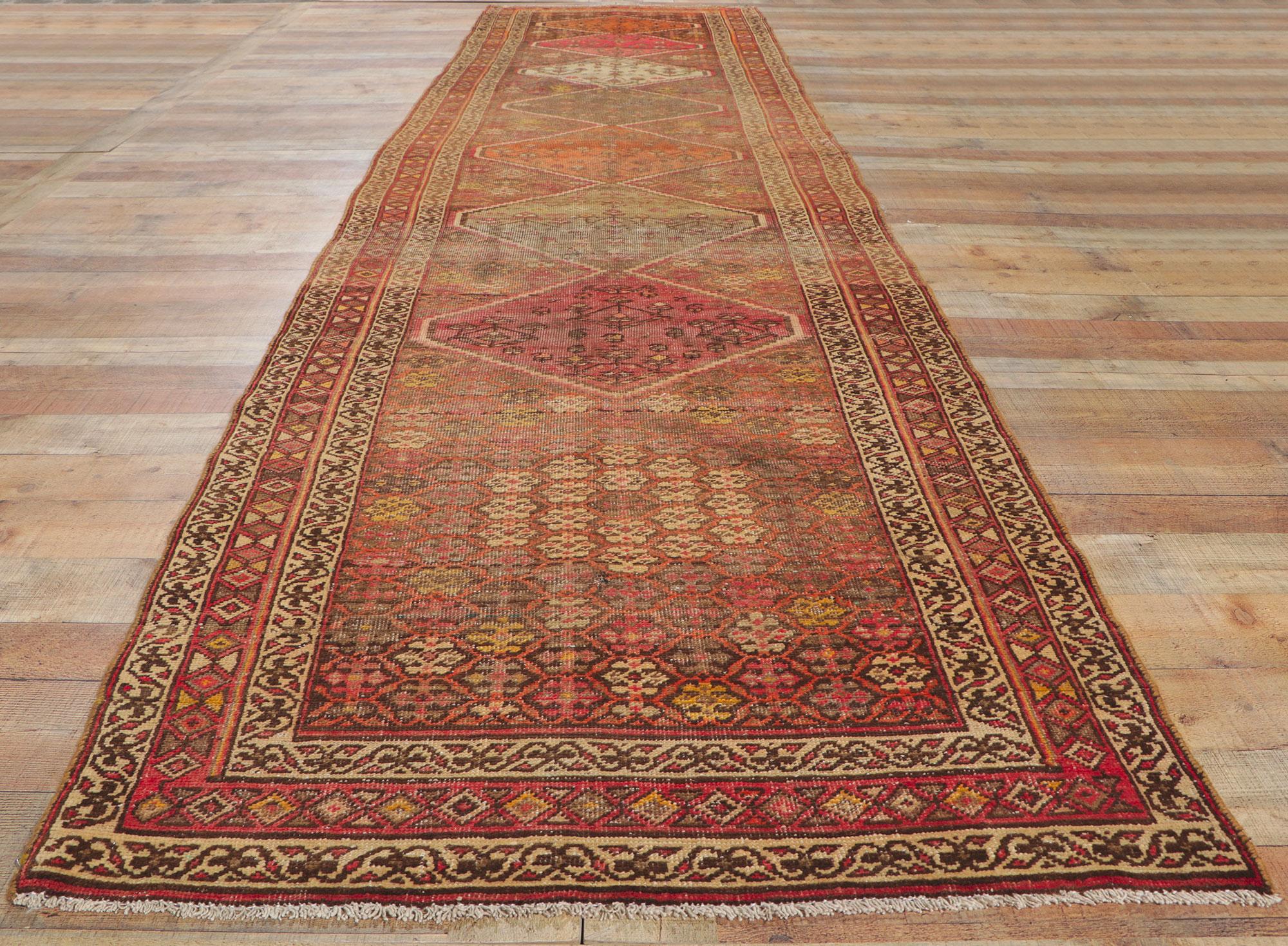 Distressed Antique Persian Malayer Runner with Tribal Style For Sale 1