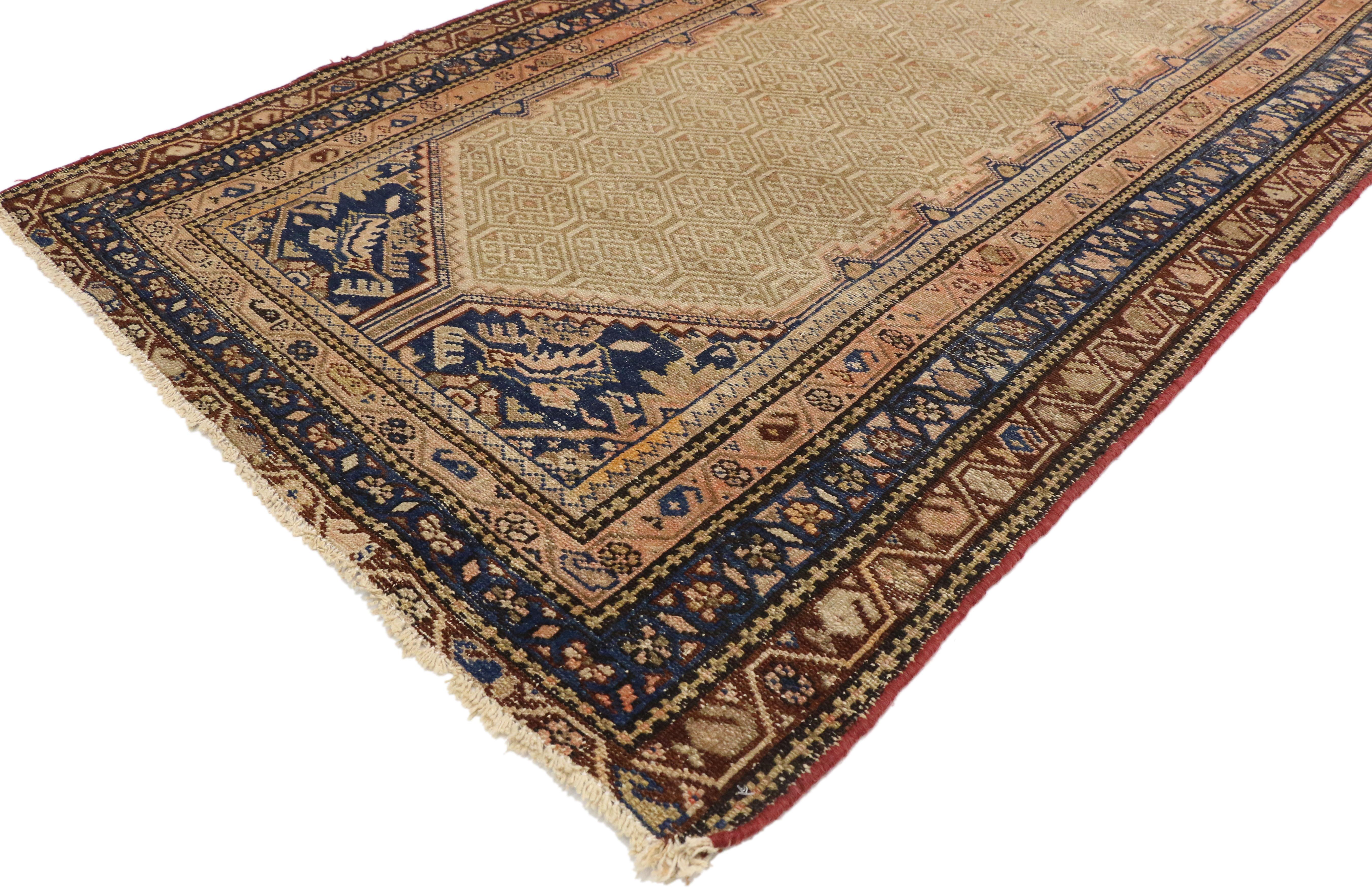 73481, distressed antique camel hair Persian Malayer runner with warm, Feminine Rustic style. Warm, feminine rustic style meets unpretentious and simple. This hand knotted wool distressed antique Persian Malayer runner features a low contrast