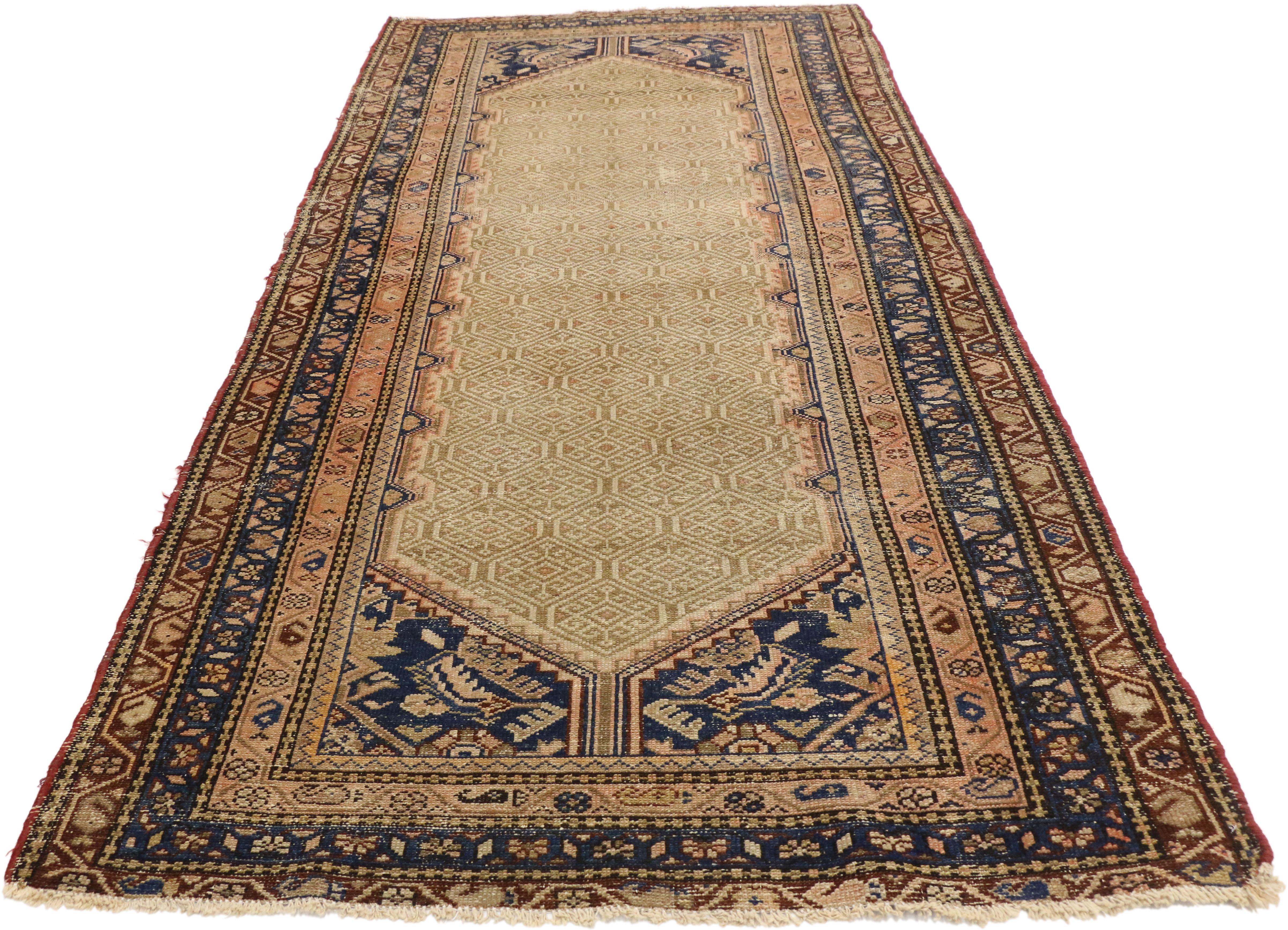 Hand-Knotted Distressed Antique Persian Malayer Runner with Warm, Feminine Rustic Style For Sale