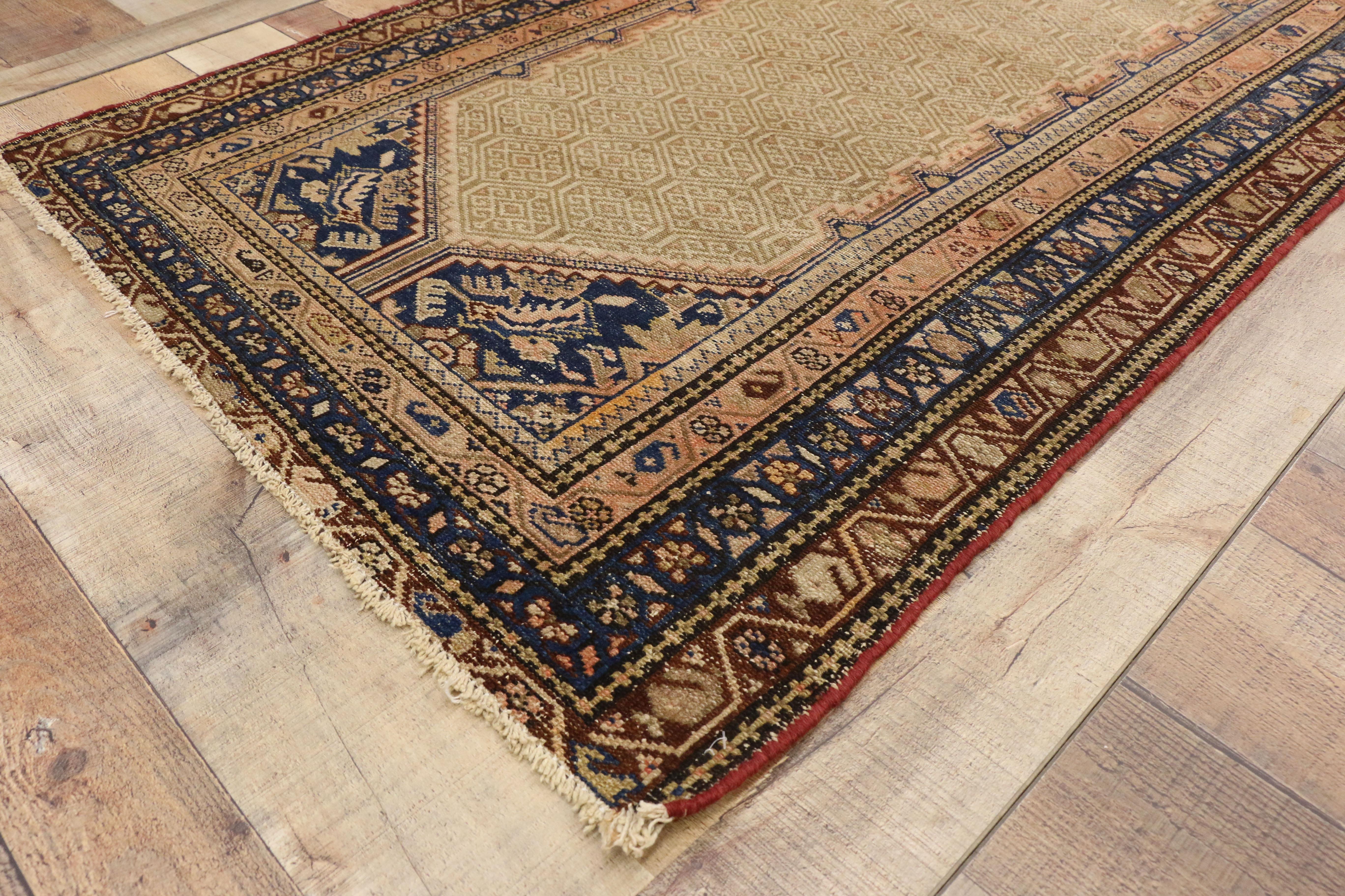 Distressed Antique Persian Malayer Runner with Warm, Feminine Rustic Style For Sale 1