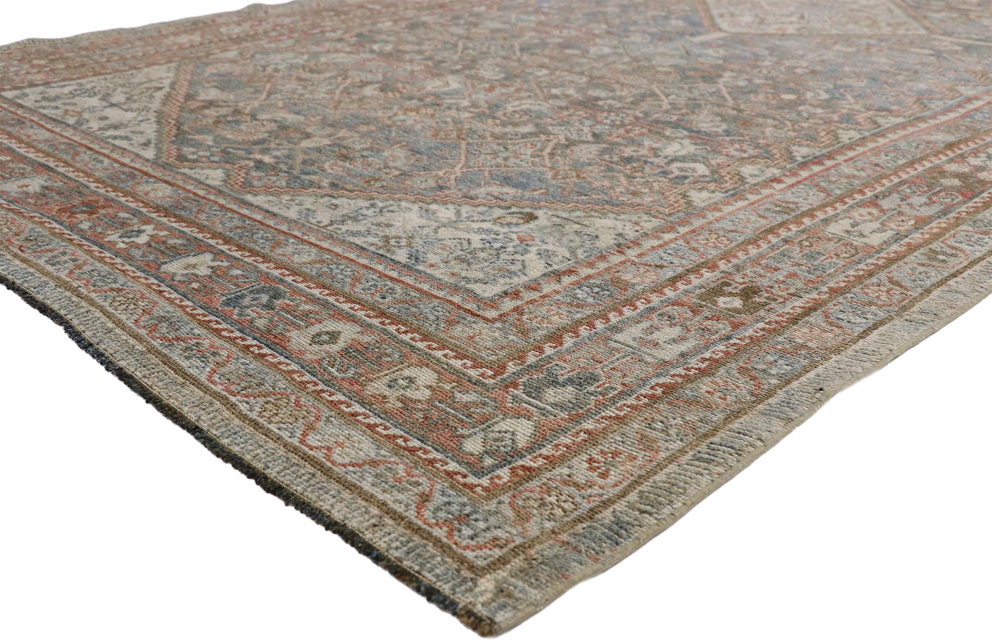 52551, distressed antique Persian Malayer style Gallery rug with Rustic Craftsman style. With its geometric pattern, subdued colors and time-worn composition, this hand knotted wool distressed antique Persian Design gallery rug embodies a rustic