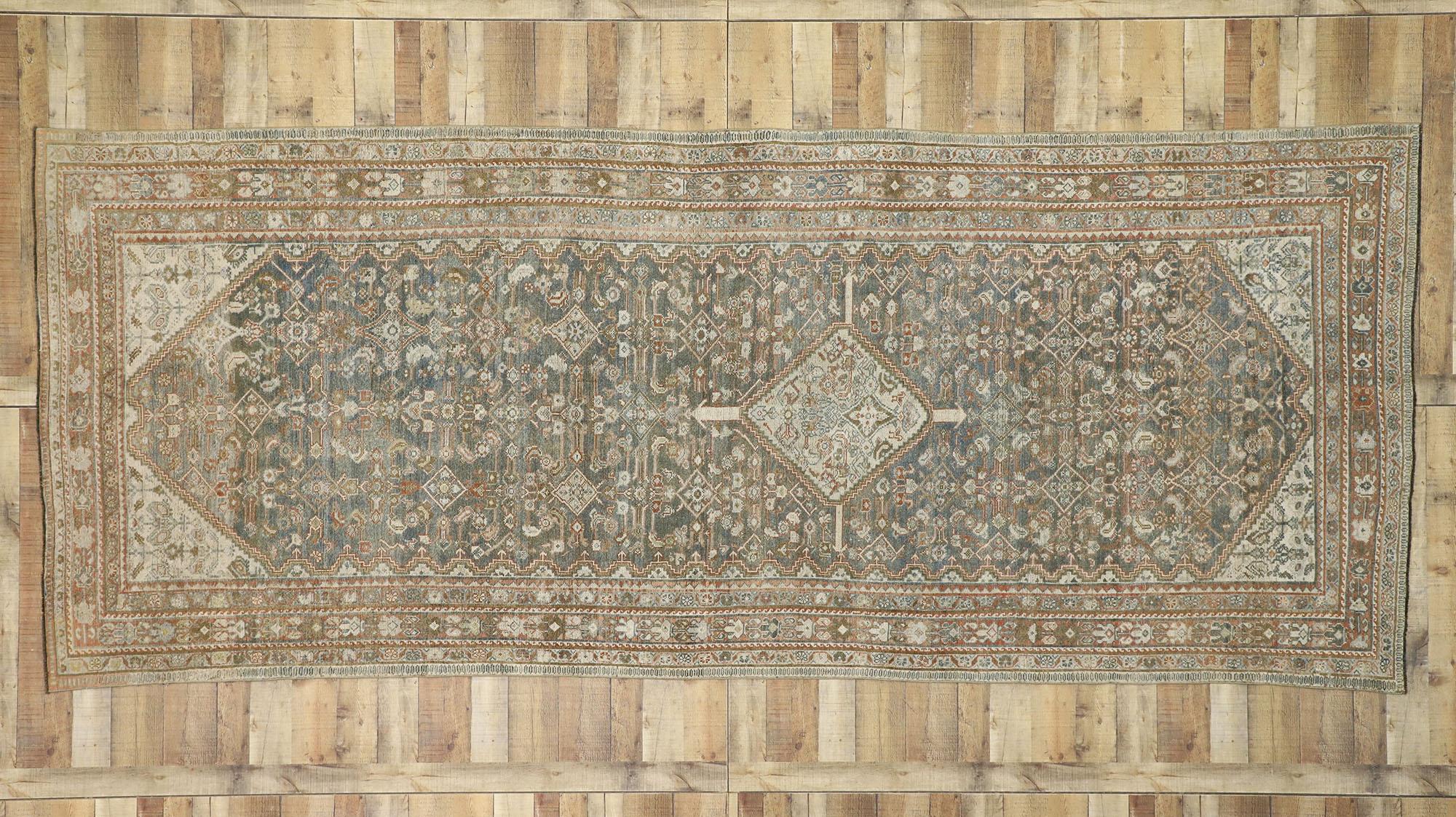Wool Distressed Antique Persian Malayer Style Gallery Rug with Rustic Craftsman Style