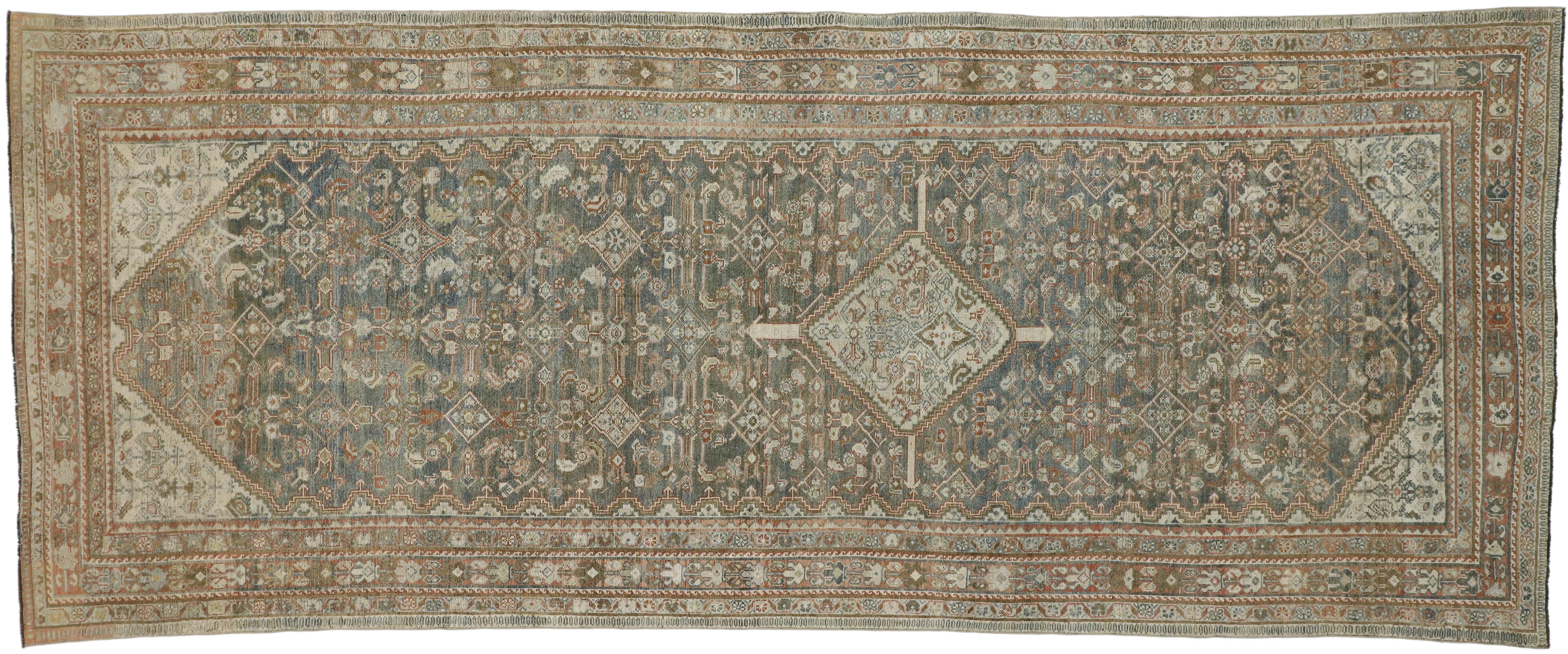 Distressed Antique Persian Malayer Style Gallery Rug with Rustic Craftsman Style 1