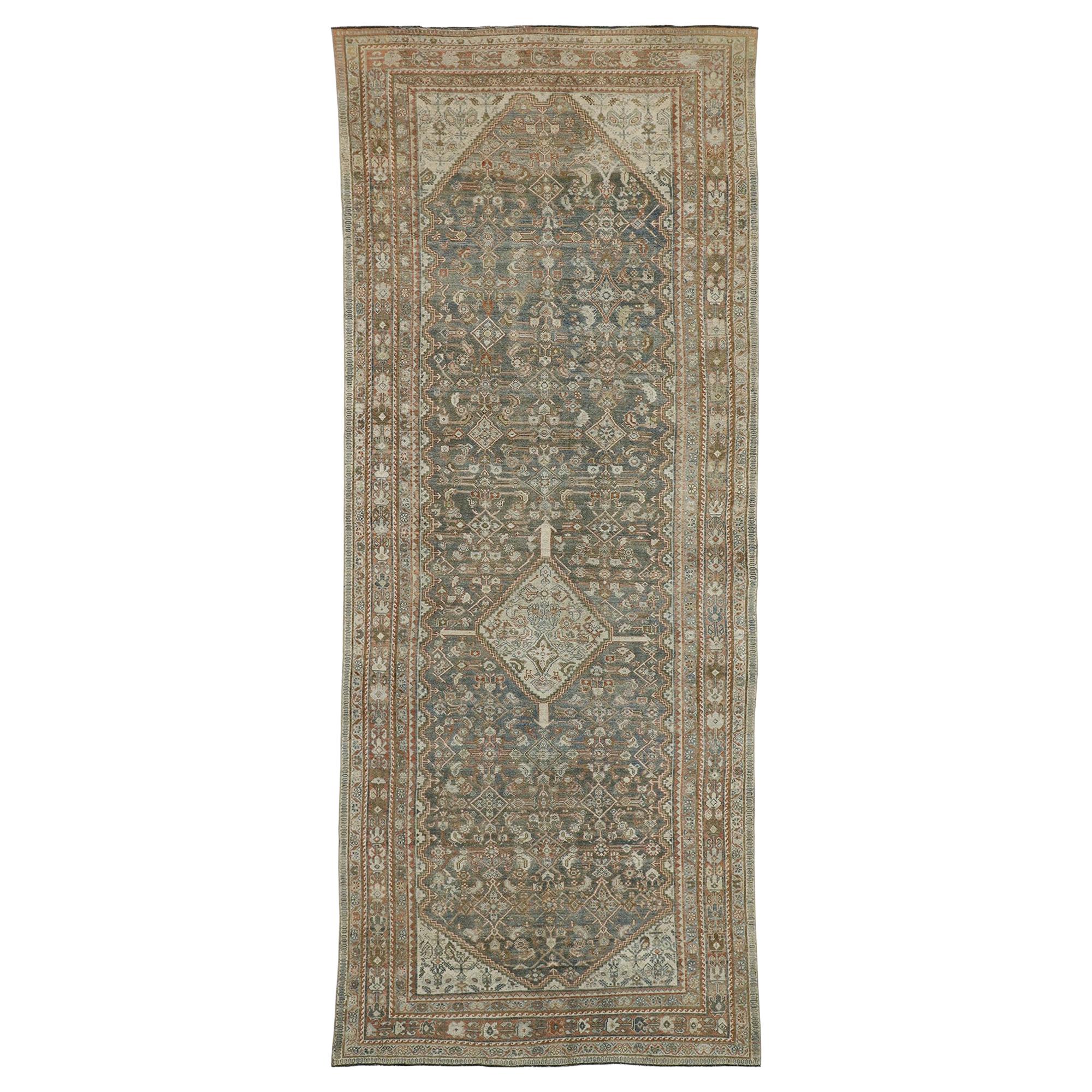 Distressed Antique Persian Malayer Style Gallery Rug with Rustic Craftsman Style