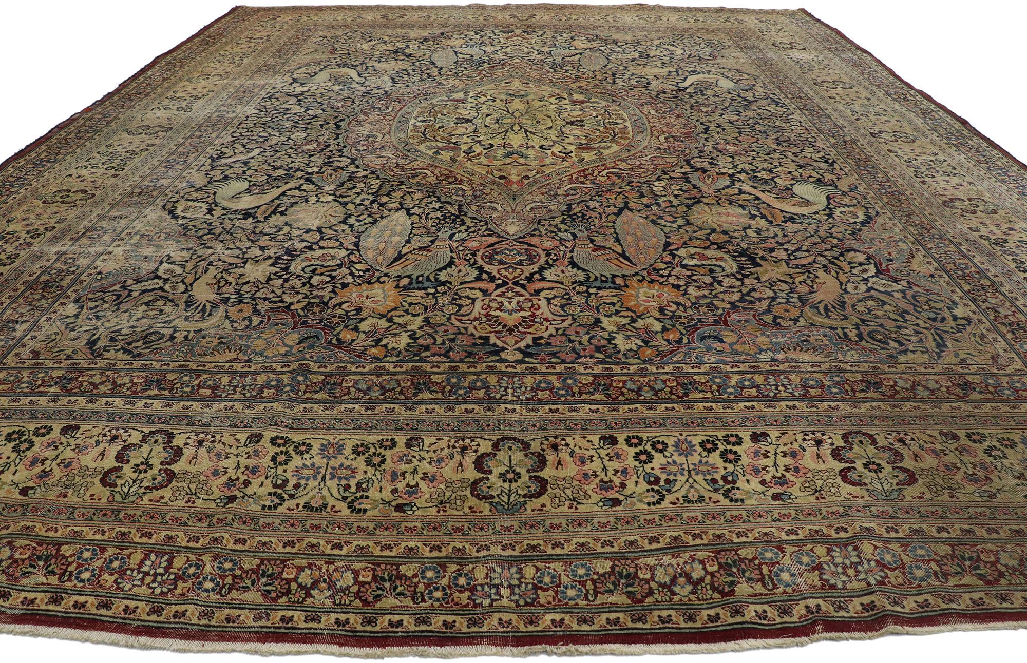 Tabriz Distressed Antique Persian Mashhad Rug with Garden Design and English Style For Sale