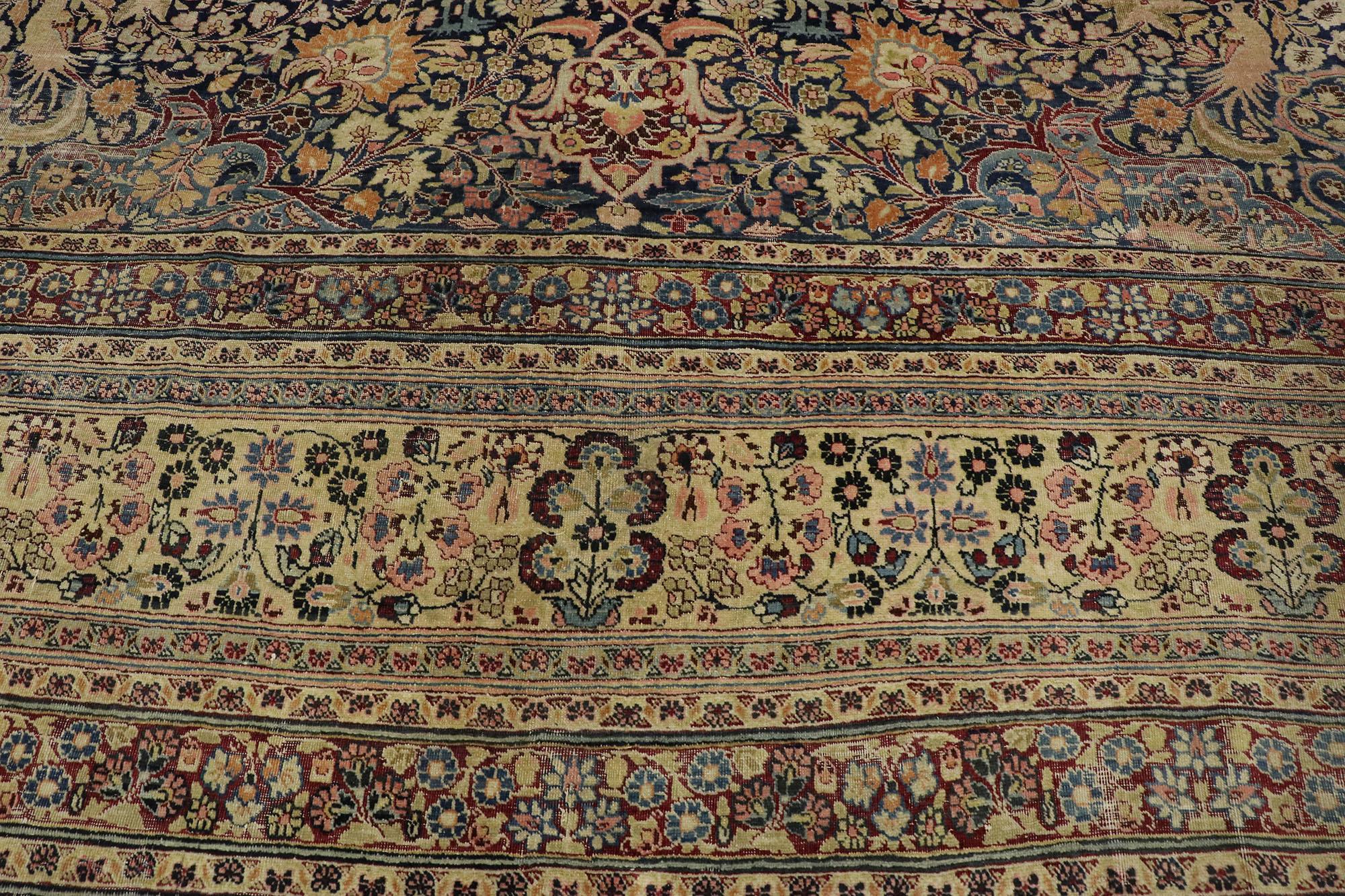 Hand-Knotted Distressed Antique Persian Mashhad Rug with Garden Design and English Style For Sale