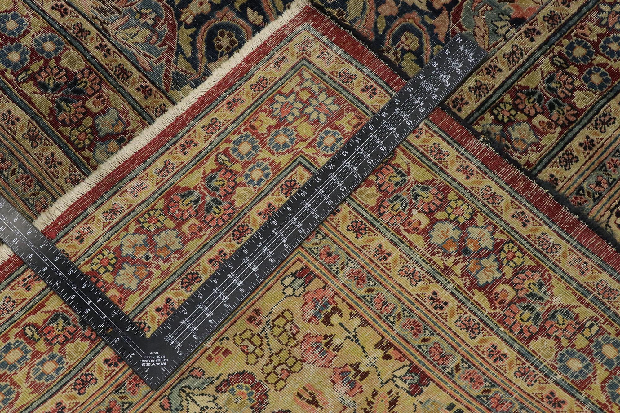 Distressed Antique Persian Mashhad Rug with Garden Design and English Style In Distressed Condition For Sale In Dallas, TX