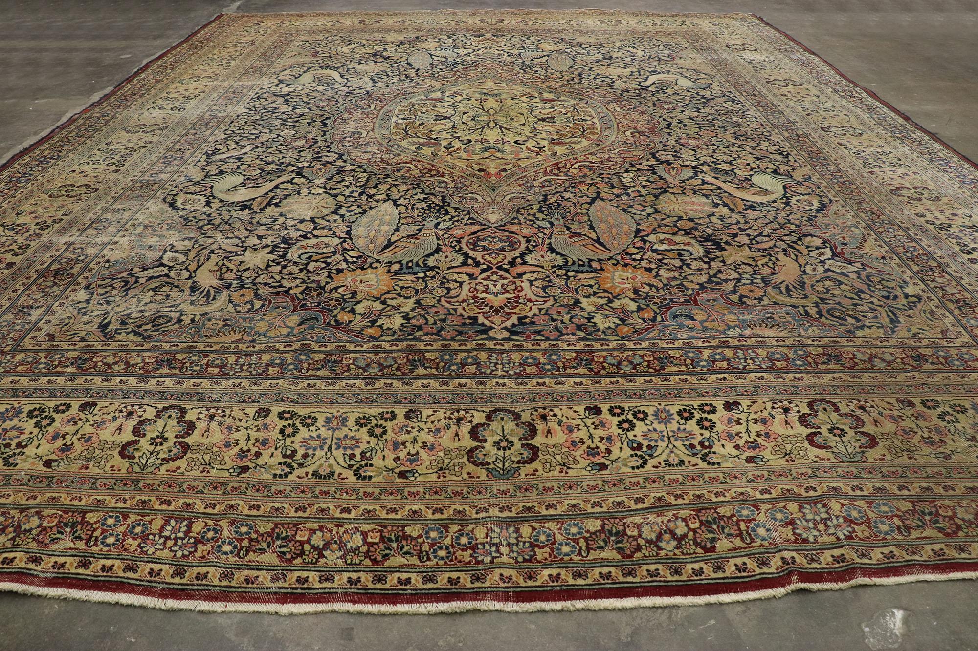 Wool Distressed Antique Persian Mashhad Rug with Garden Design and English Style For Sale