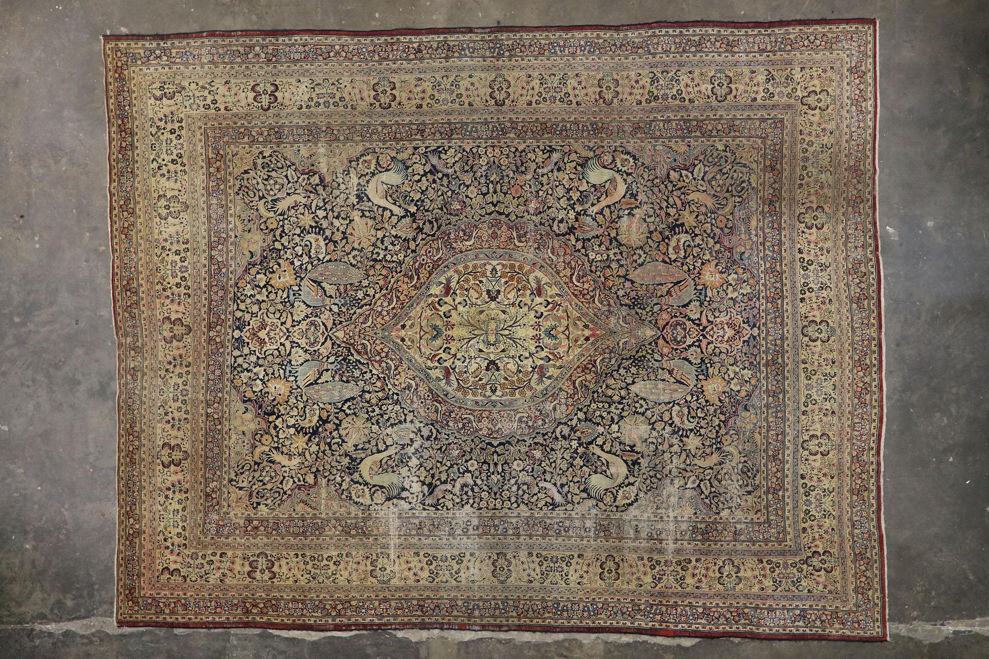 Distressed Antique Persian Mashhad Rug with Garden Design and English Style For Sale 1