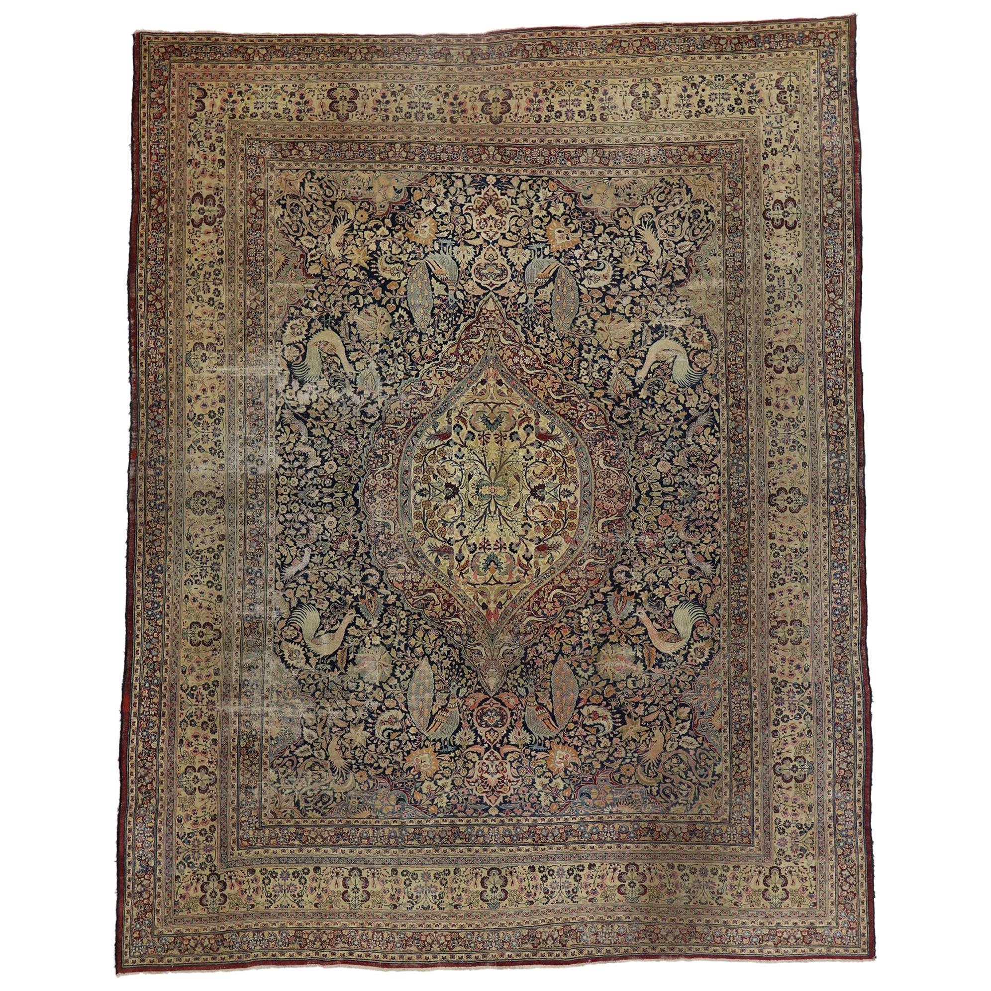 Distressed Antique Persian Mashhad Rug with Garden Design and English Style For Sale