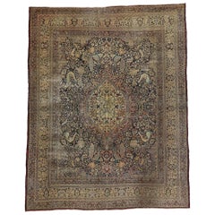 Distressed Antique Persian Mashhad Rug with Garden Design and English Style