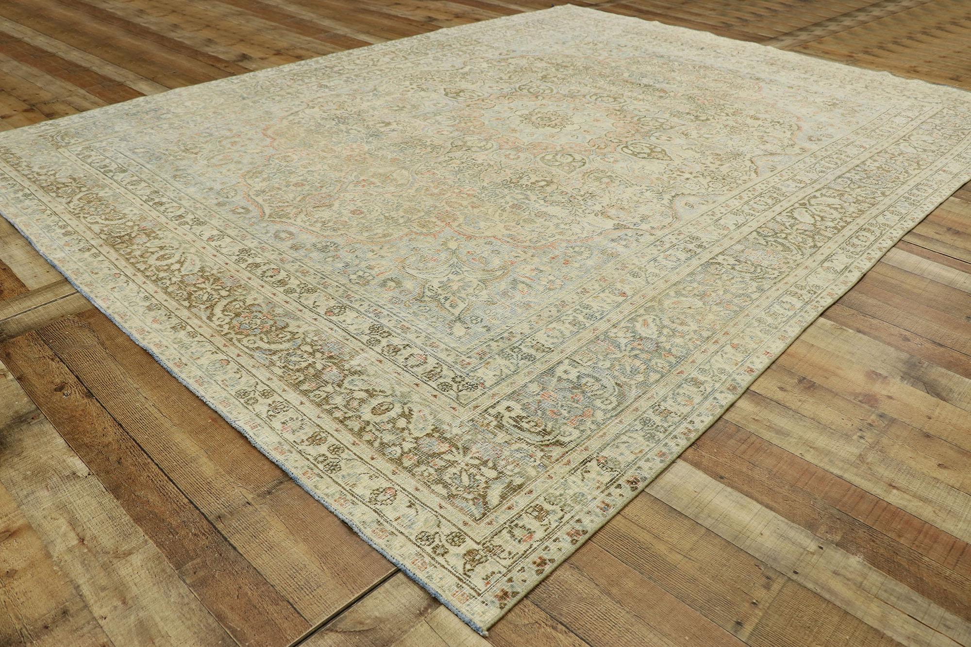 Hand-Knotted Distressed Antique Persian Mashhad Rug with Modern Rustic Cotswold Cottage Style For Sale