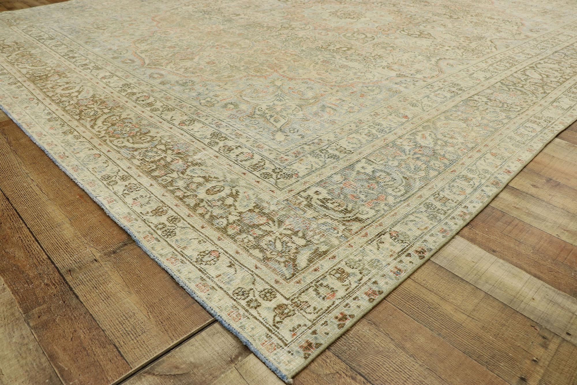 Distressed Antique Persian Mashhad Rug with Modern Rustic Cotswold Cottage Style In Distressed Condition For Sale In Dallas, TX