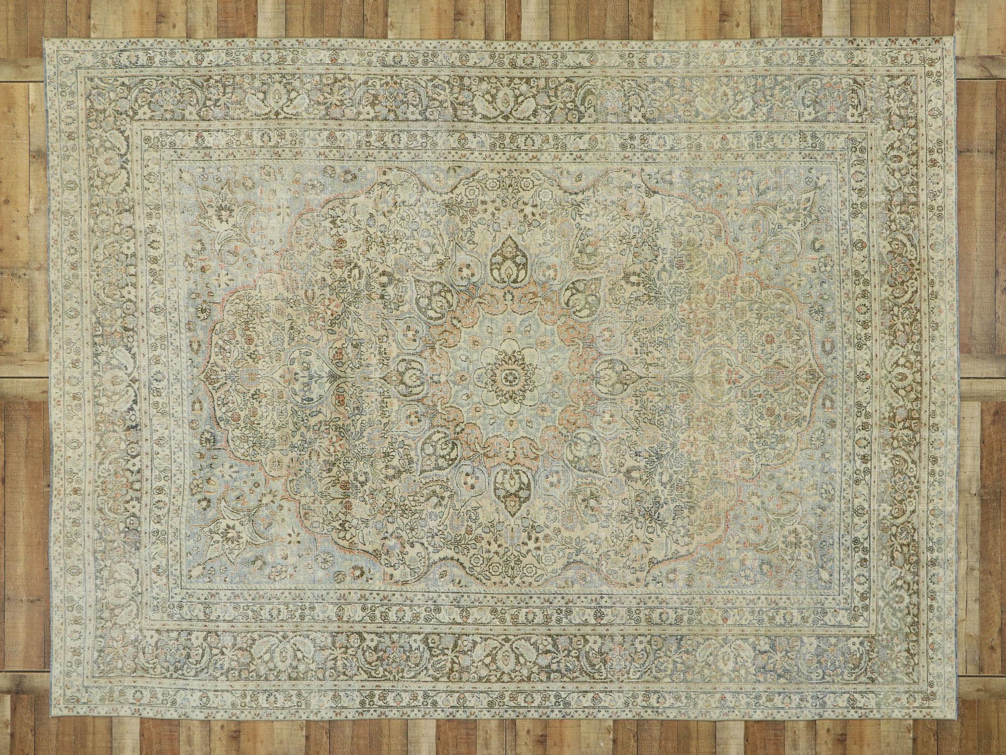 Wool Distressed Antique Persian Mashhad Rug with Modern Rustic Cotswold Cottage Style For Sale
