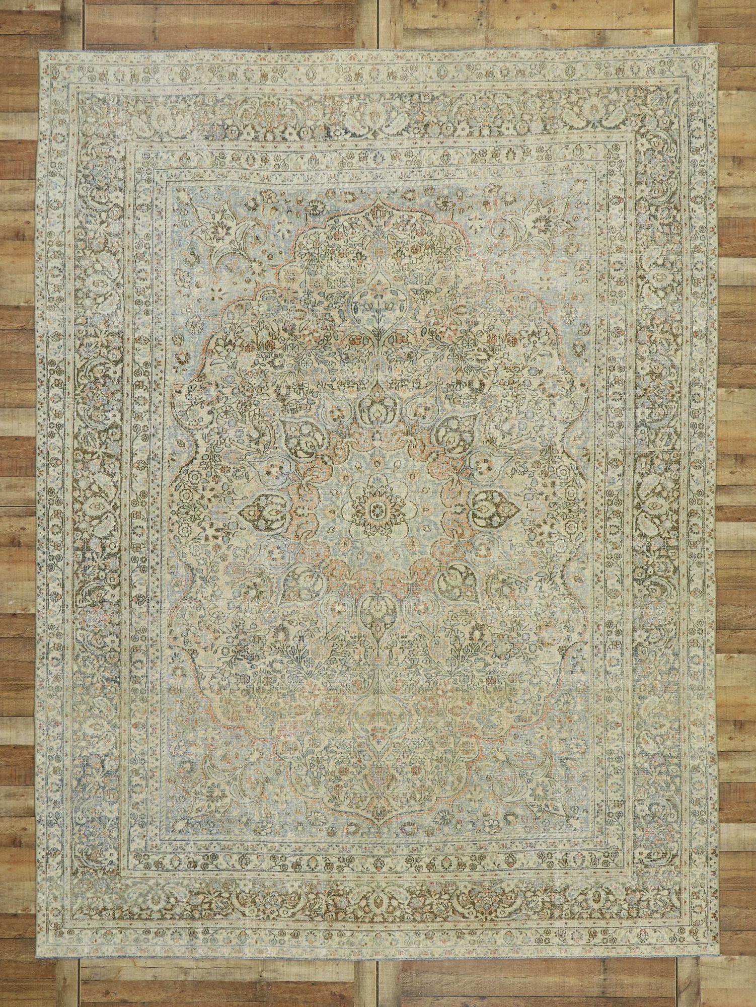 Wool 1910's Persian Mashhad Carpet with Modern Rustic Cotswold Cottage Style For Sale