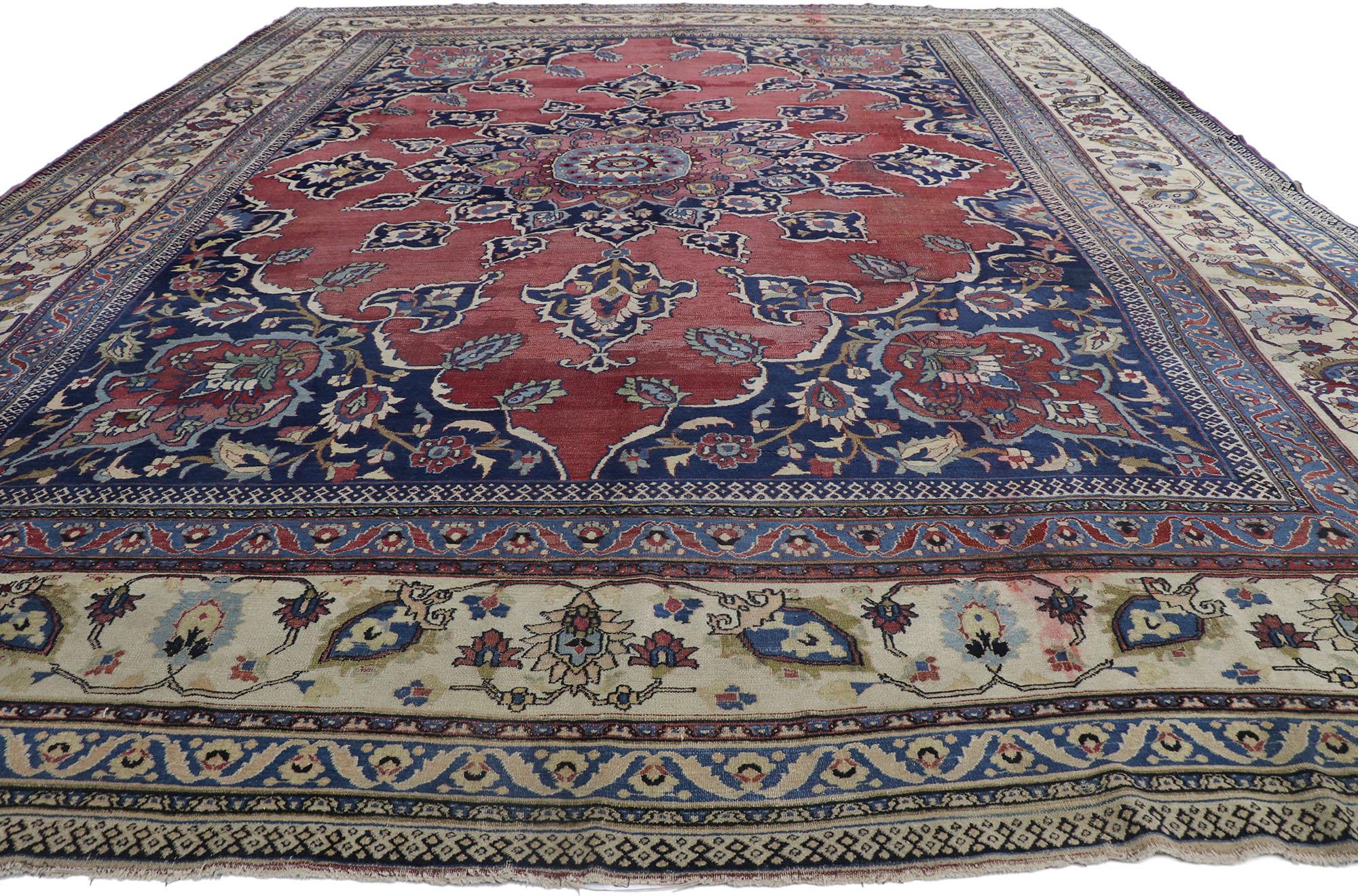 Hand-Knotted Distressed Antique Persian Mashhad Rug with Modern Rustic Style For Sale