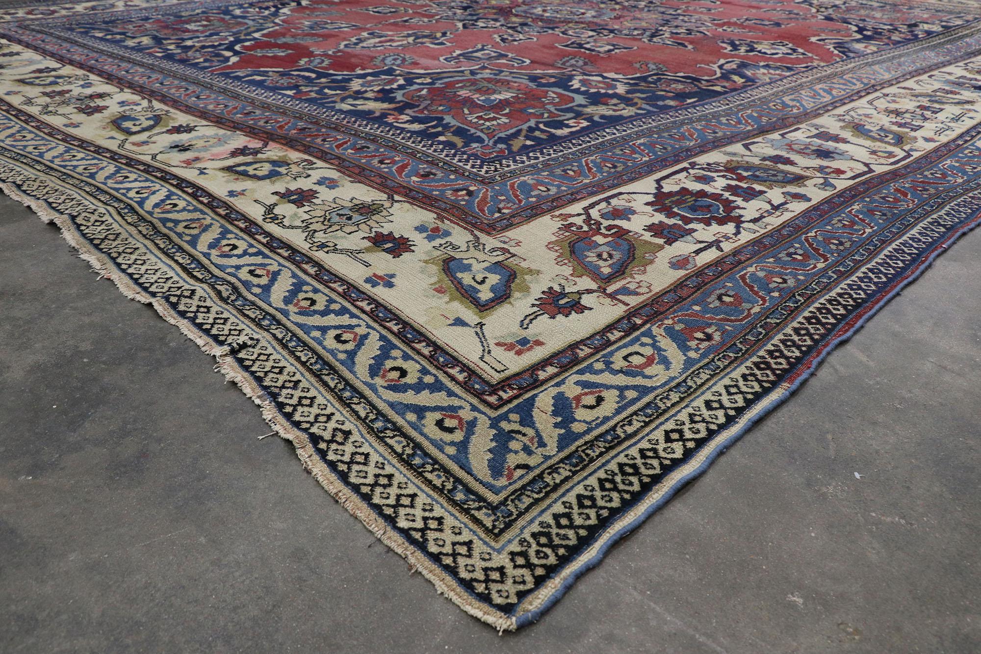 Wool Distressed Antique Persian Mashhad Rug with Modern Rustic Style For Sale