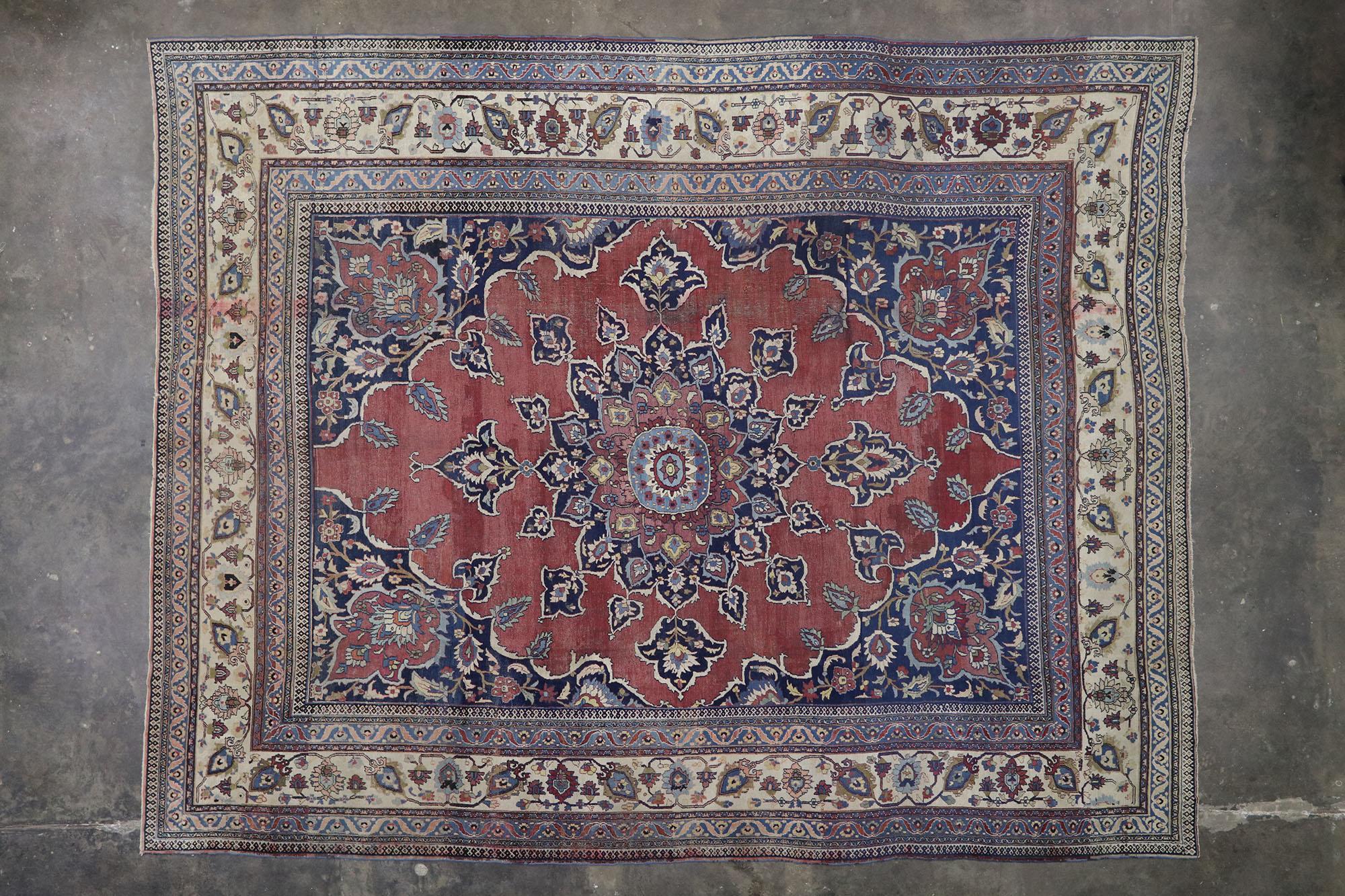 Distressed Antique Persian Mashhad Rug with Modern Rustic Style For Sale 2