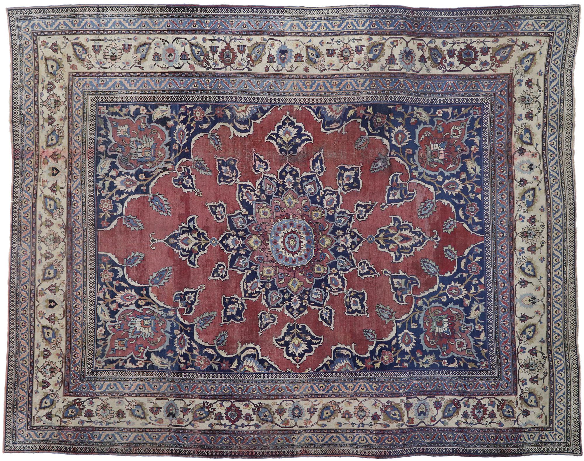 Distressed Antique Persian Mashhad Rug with Modern Rustic Style For Sale 3