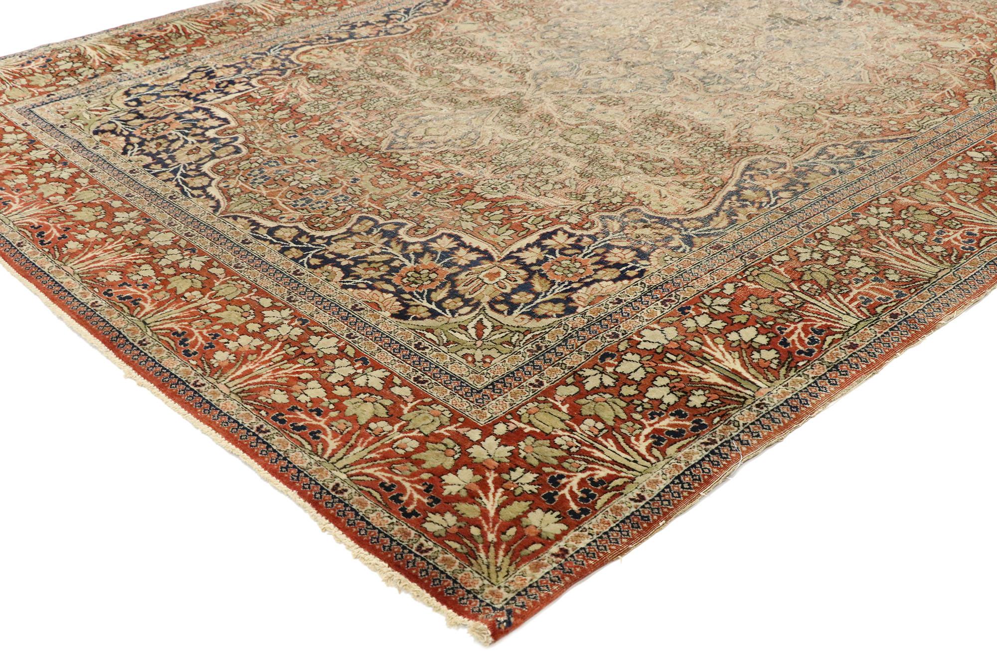 77444, distressed antique Persian Mohtesham Kashan rug with modern rustic English style. With its perfectly worn-in charm and rustic sensibility, this hand-knotted wool distressed antique Persian Mohtesham Kashan rug will take on a curated lived-in