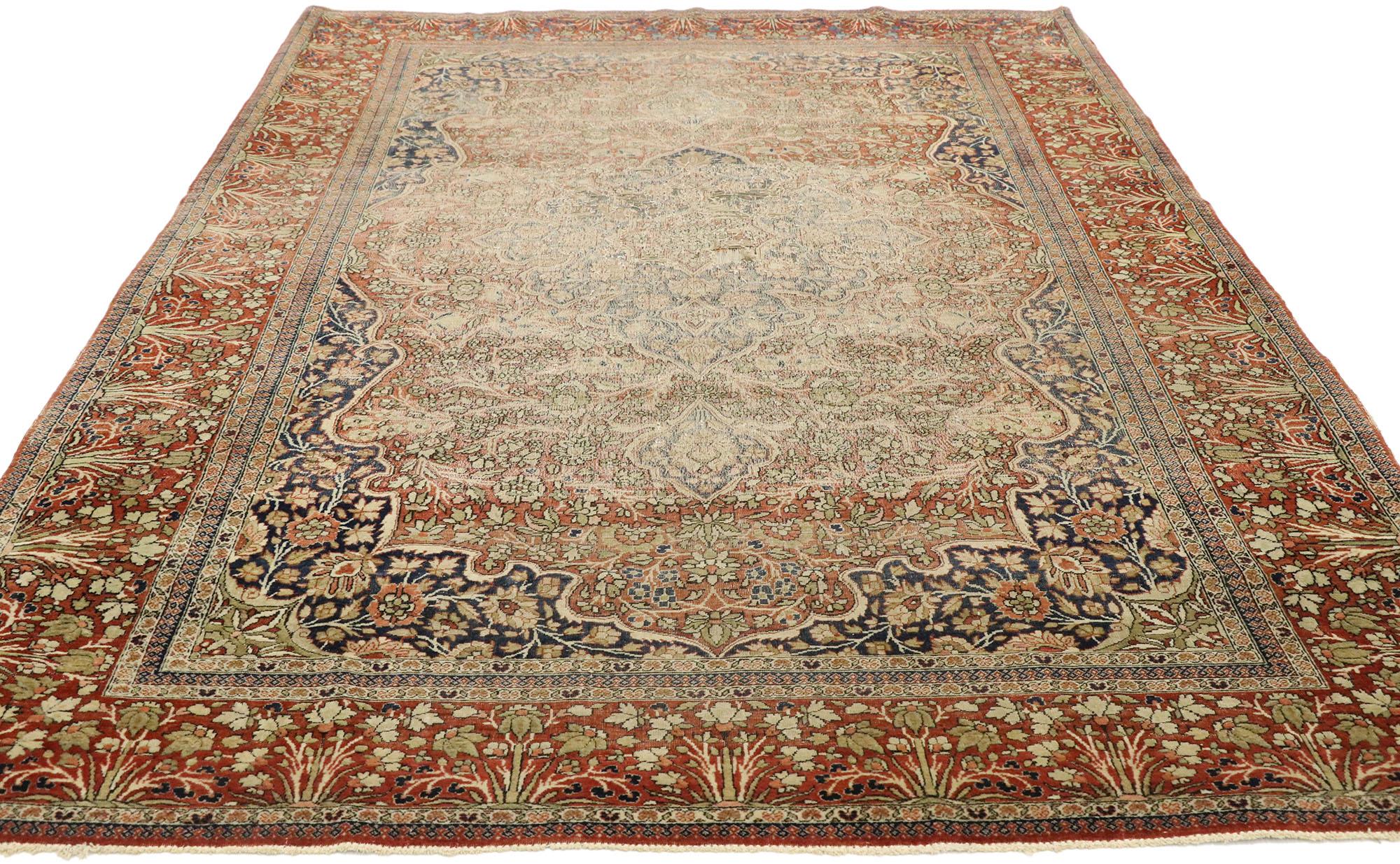 Hand-Knotted Distressed Antique Persian Mohtesham Kashan Rug with Modern Rustic English Style For Sale